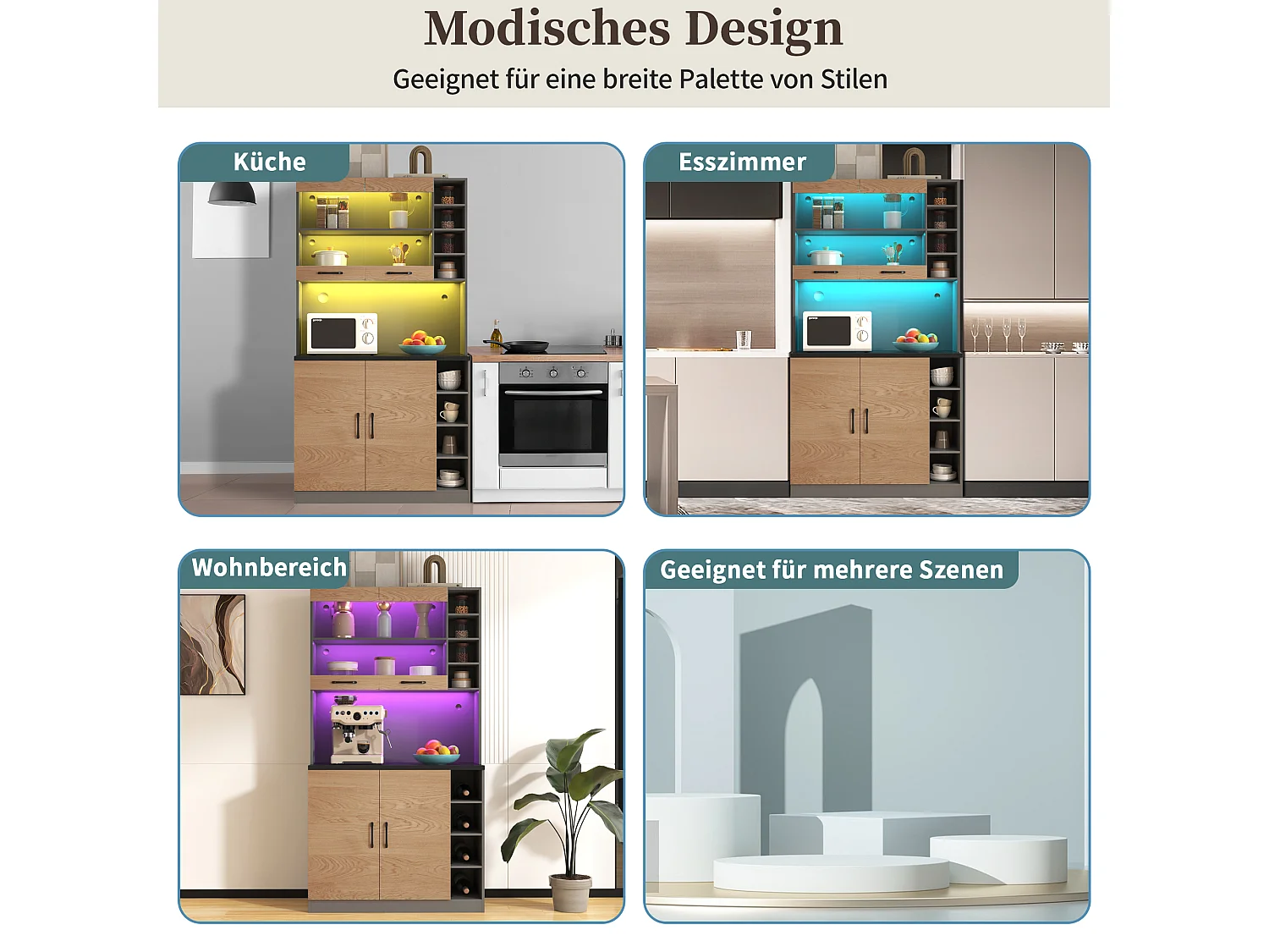 Buffet de cuisine avec 4 portes et compartiments - 100 x 47 x 187 cm - Bois MDF - LEDs et passe-câbles - Naturel + gris