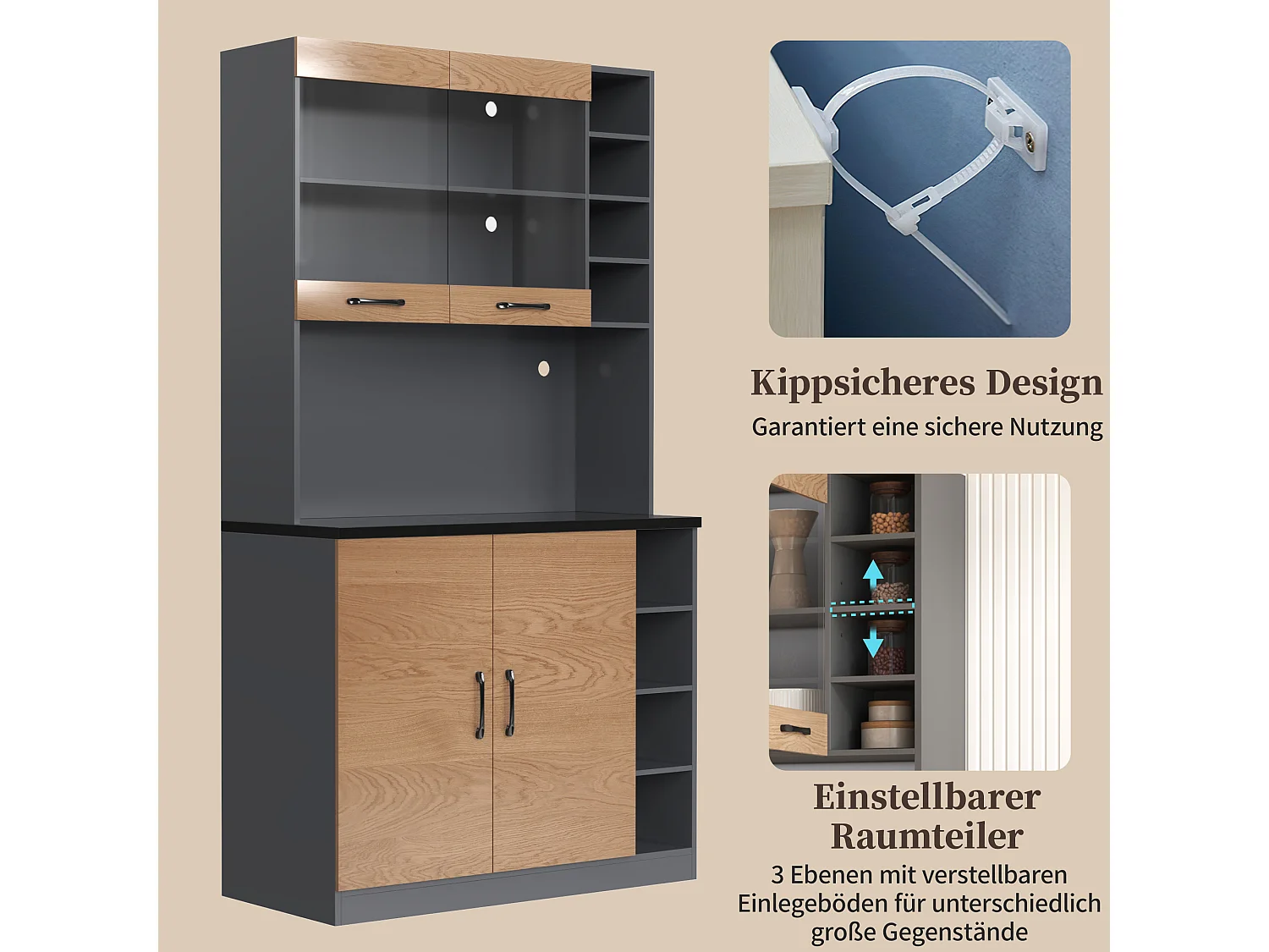 Buffet de cuisine avec 4 portes et compartiments - 100 x 47 x 187 cm - Bois MDF - LEDs et passe-câbles - Naturel + gris