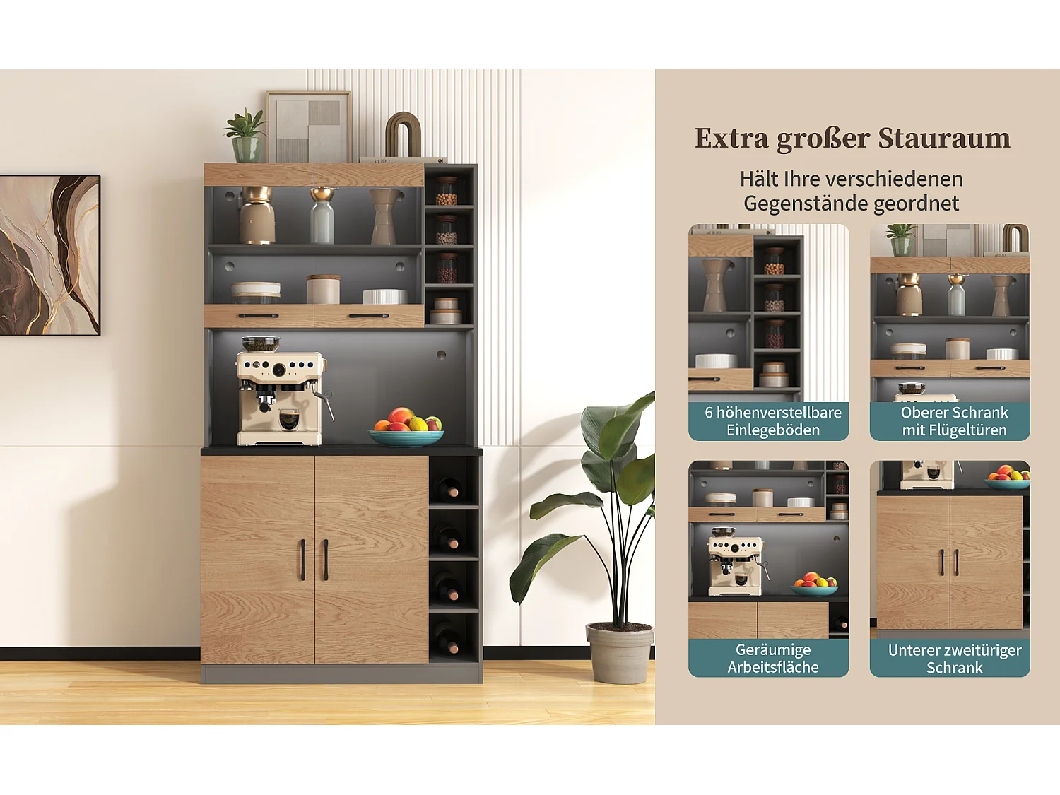 Buffet de cuisine avec 4 portes et compartiments - 100 x 47 x 187 cm - Bois MDF - LEDs et passe-câbles - Naturel + gris