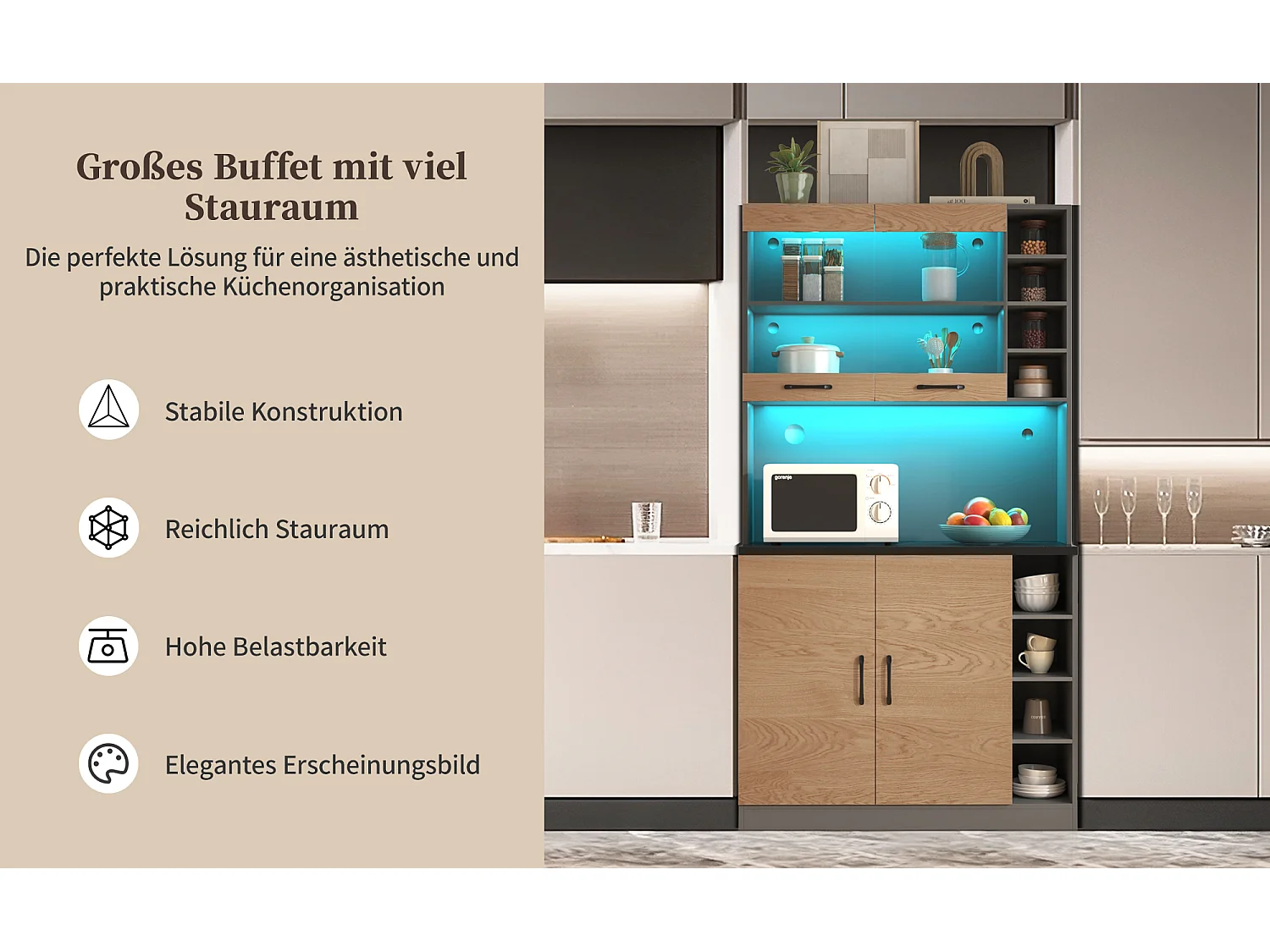 Buffet de cuisine avec 4 portes et compartiments - 100 x 47 x 187 cm - Bois MDF - LEDs et passe-câbles - Naturel + gris