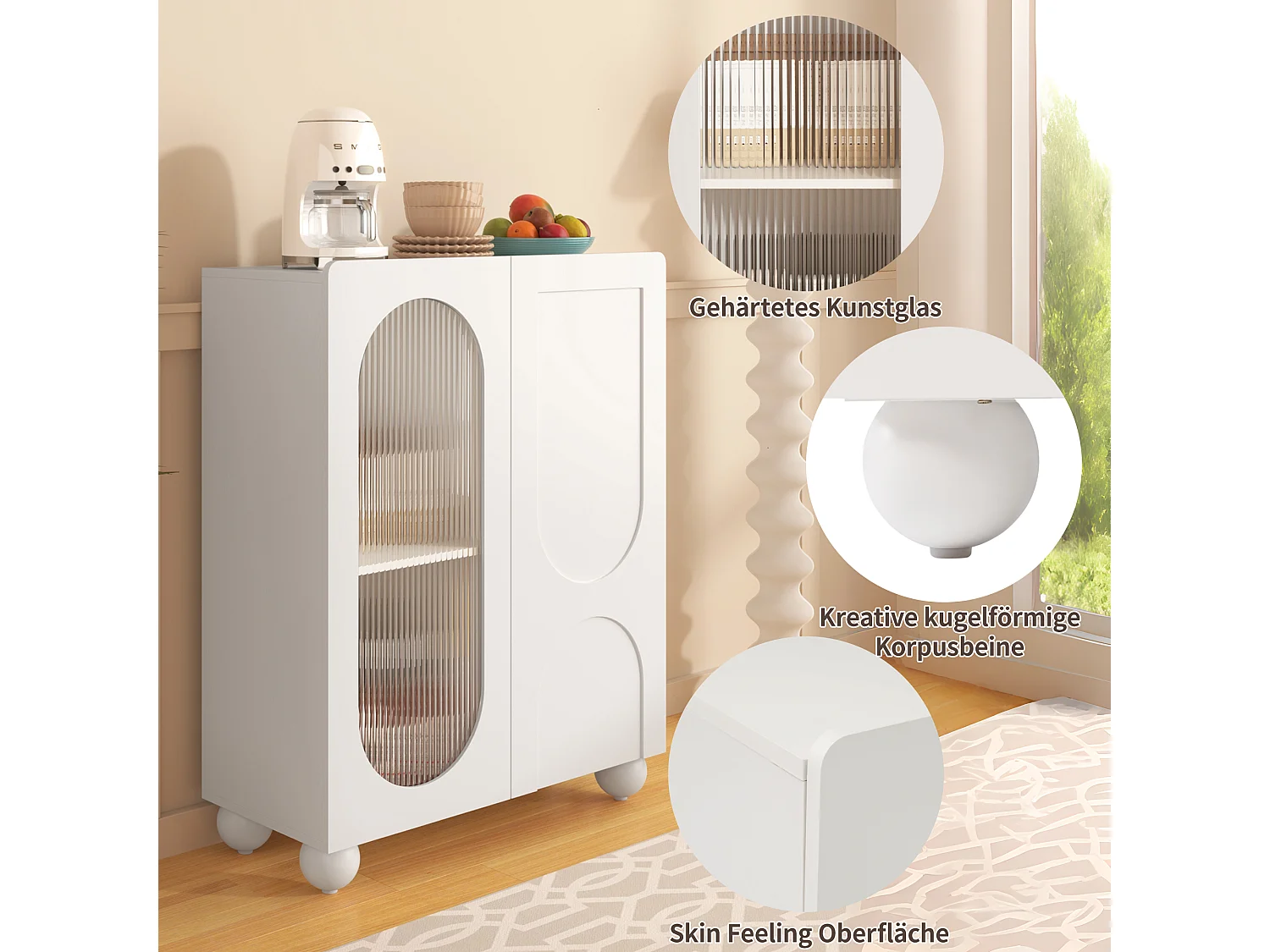 Kredens kuchenny z 2 drzwiami szklanymi - 80 x 32,5 x 99 cm - drewno MDF - regulowane półki - biały