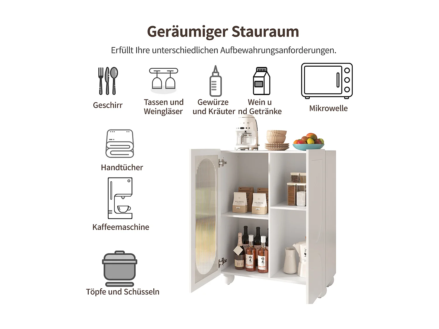 Kredens kuchenny z 2 drzwiami szklanymi - 80 x 32,5 x 99 cm - drewno MDF - regulowane półki - biały