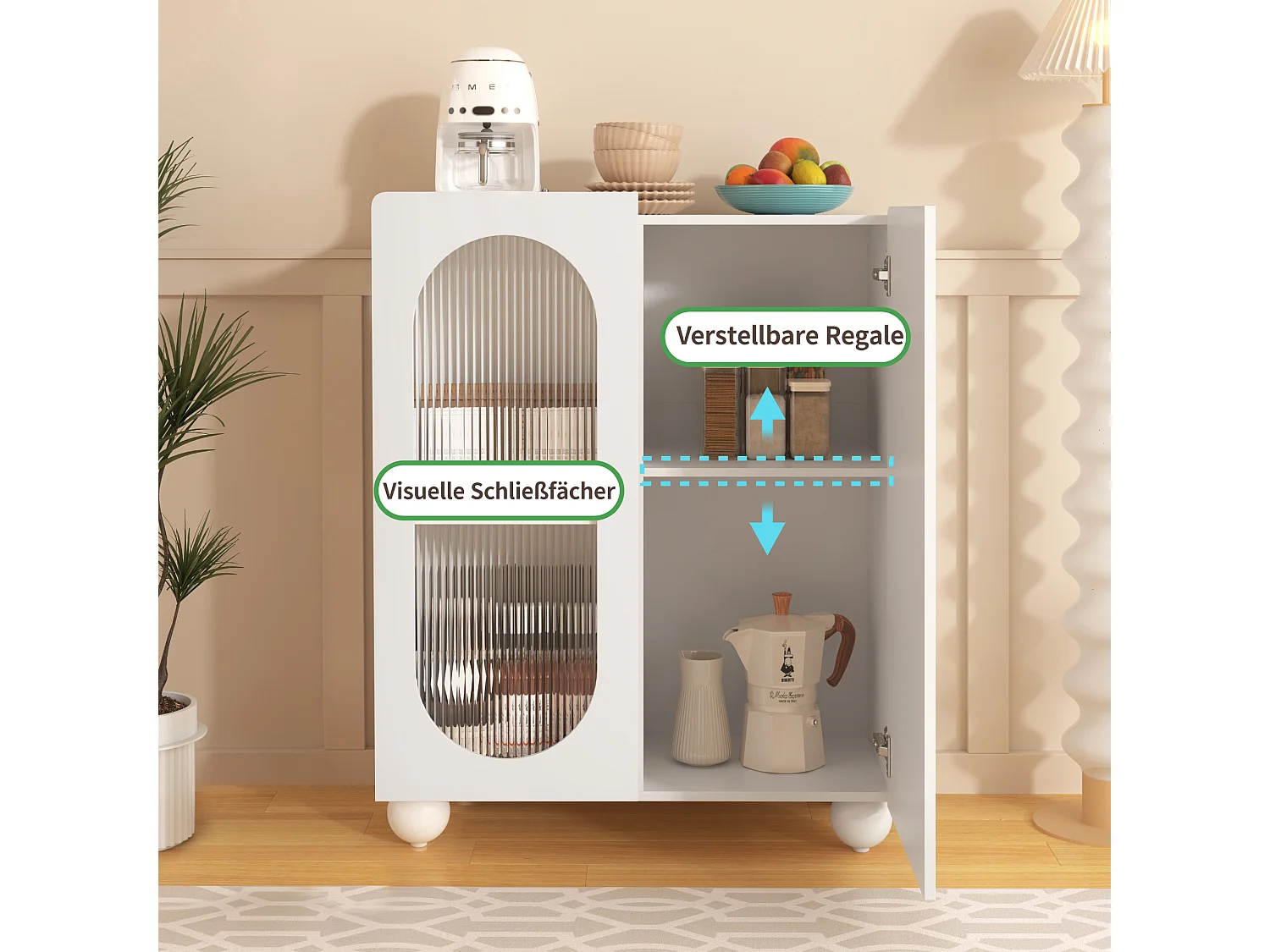 Kredens kuchenny z 2 drzwiami szklanymi - 80 x 32,5 x 99 cm - drewno MDF - regulowane półki - biały