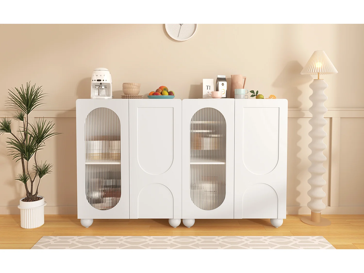 Kredens kuchenny z 2 drzwiami szklanymi - 80 x 32,5 x 99 cm - drewno MDF - regulowane półki - biały