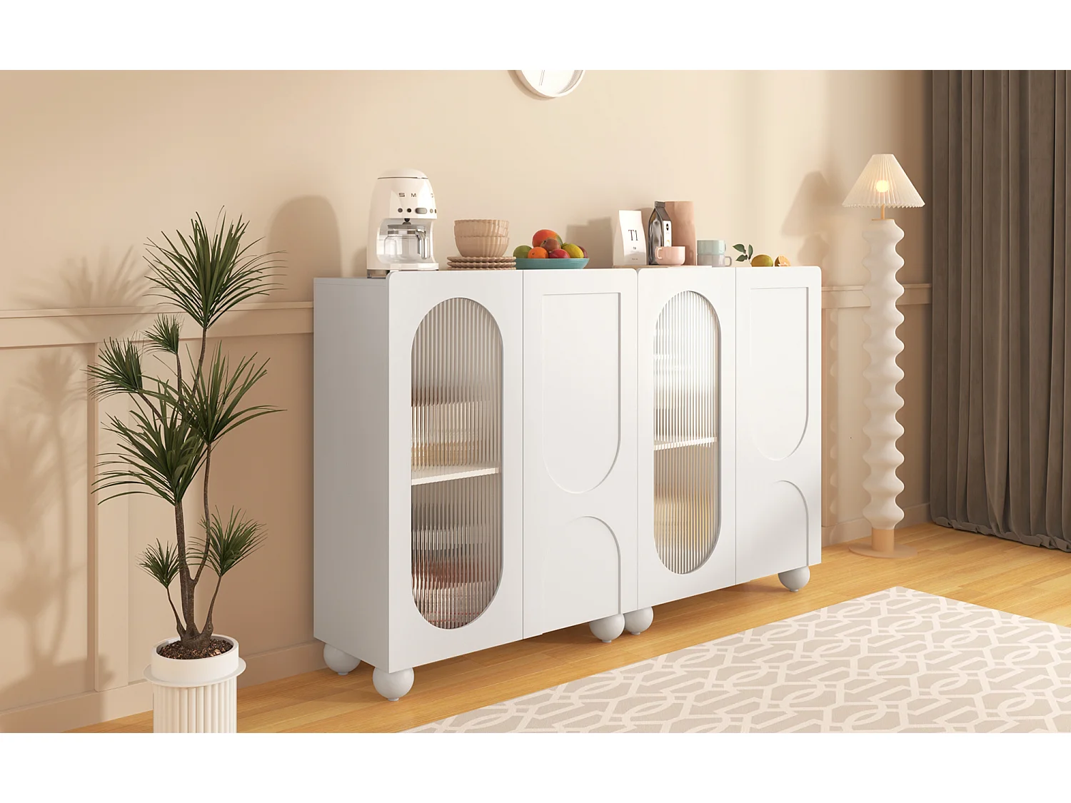 Kredens kuchenny z 2 drzwiami szklanymi - 80 x 32,5 x 99 cm - drewno MDF - regulowane półki - biały