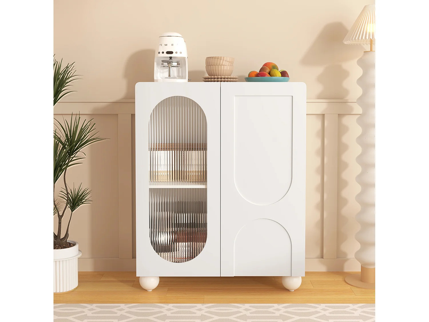 Kredens kuchenny z 2 drzwiami szklanymi - 80 x 32,5 x 99 cm - drewno MDF - regulowane półki - biały