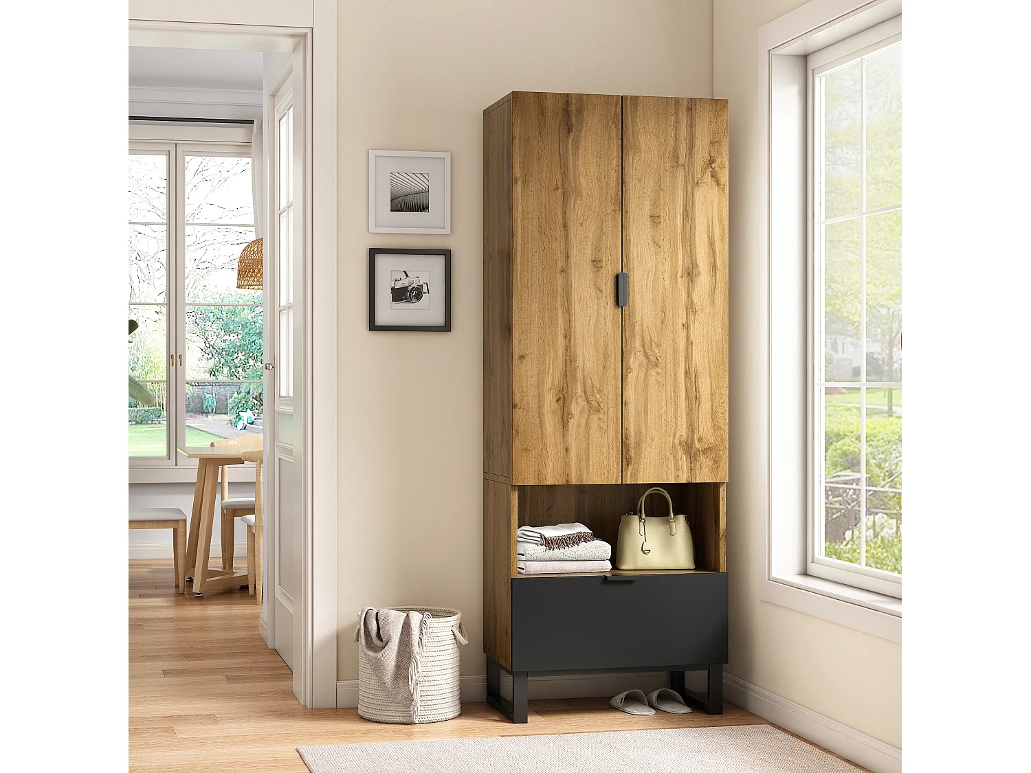 Vestiaire d'entrée avec 2 portes, 1 niche et 1 tiroir - Panneaux de particules - Naturel