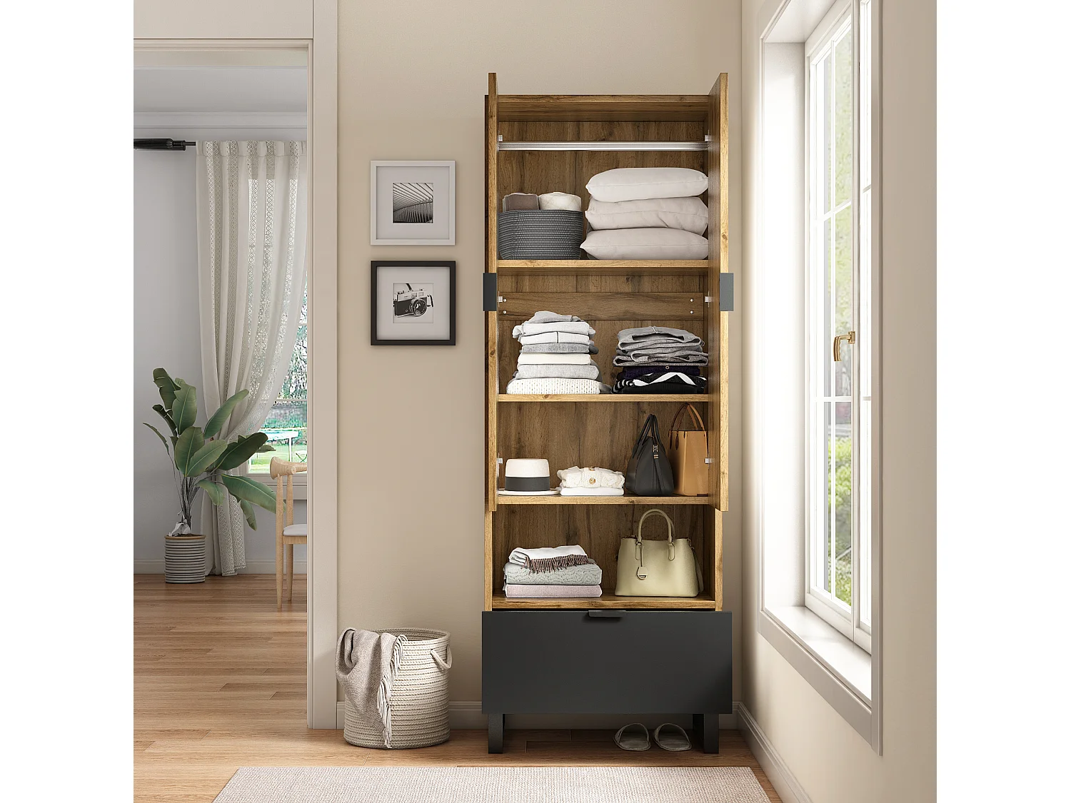 Vestiaire d'entrée avec 2 portes, 1 niche et 1 tiroir - Panneaux de particules - Naturel