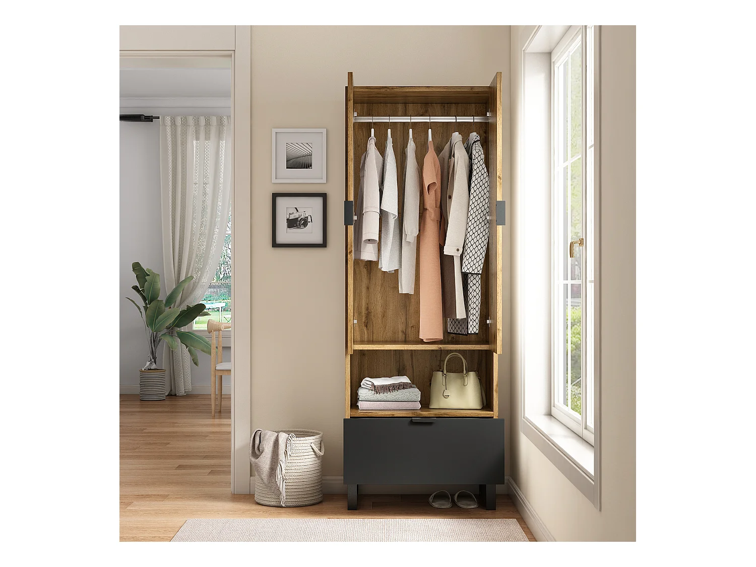 Entreegarderobe met 2 deuren, 1 nis en 1 lade - Spaanplaat - Naturel