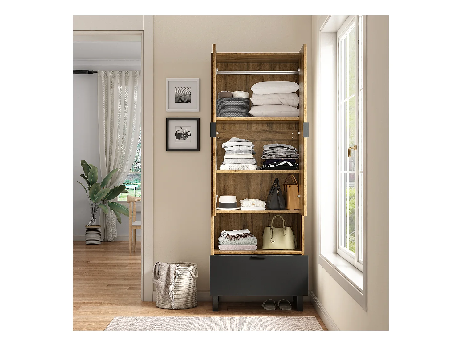 Entreegarderobe met 2 deuren, 1 nis en 1 lade - Spaanplaat - Naturel