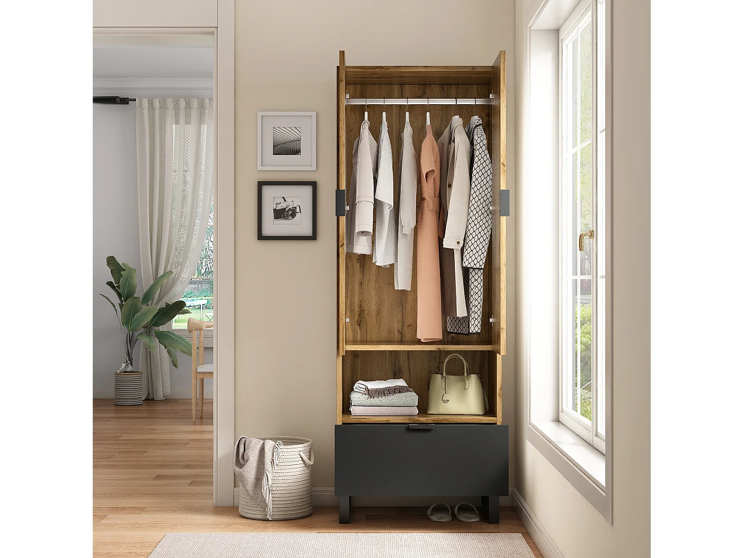 Vestiaire d'entrée avec 2 portes, 1 niche et 1 tiroir - Panneaux de particules - Naturel