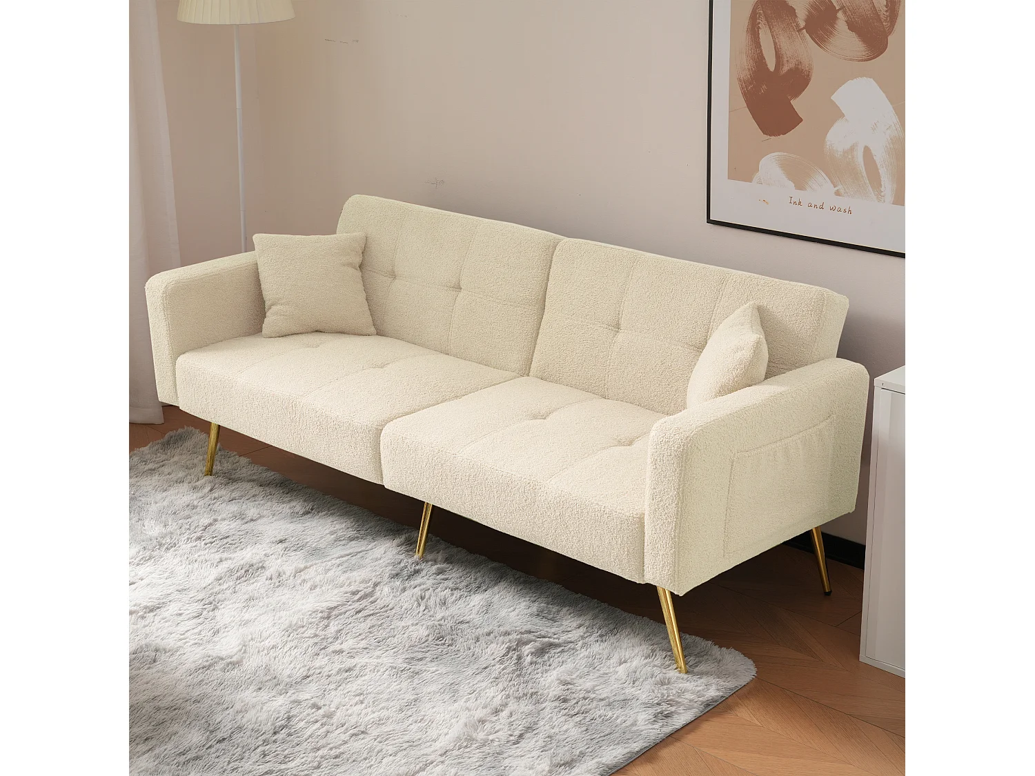 Sofa rozkładana 2-osobowa z tkaniny Sherpa - 175 x 64 x 72 cm - Złote metalowe nogi - Beżowa