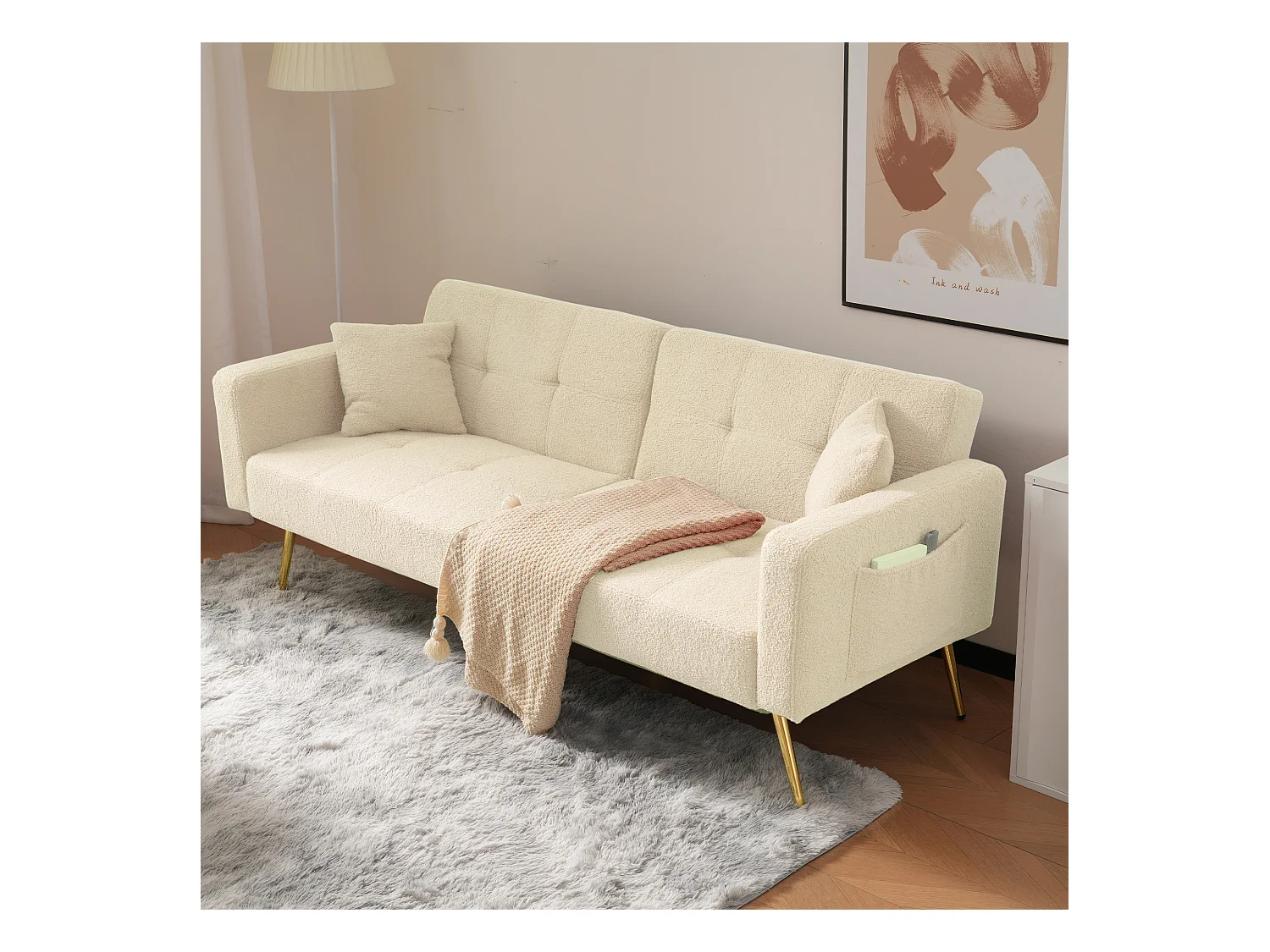 2-Sitzer-Schlafsofa aus Sherpa-Stoff – 175 x 64 x 72 cm – goldene Metallbeine – Beige