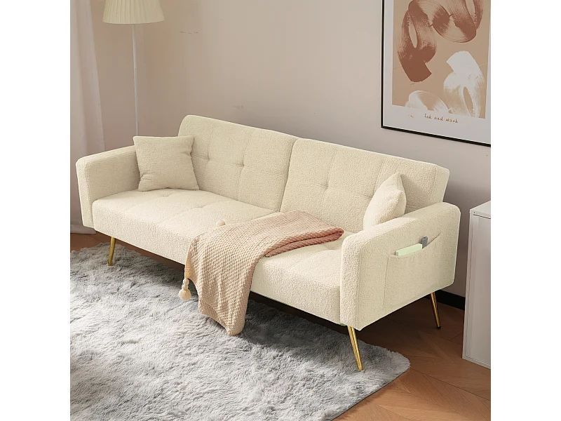 Canapé 2 places convertible clic-clac en tissu Sherpa - 175 x 64 x 72 cm - Pieds en métal dorés - Beige