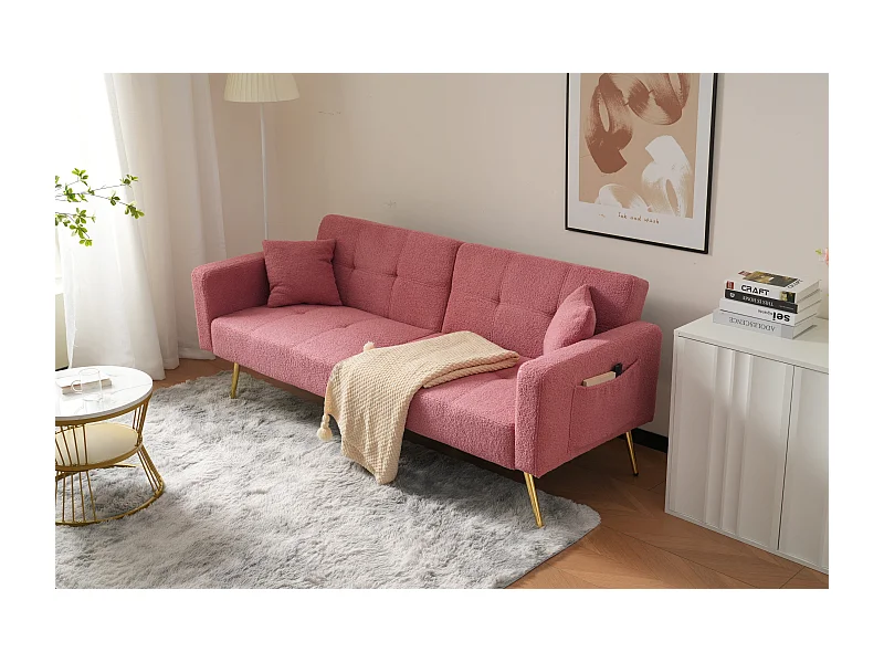 Canapé 2 places convertible clic-clac en tissu Sherpa - 175 x 64 x 72 cm - Pieds en métal dorés - Rose