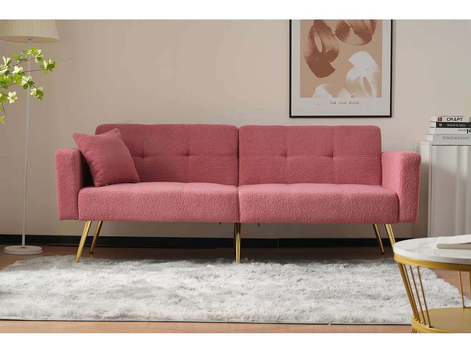 Sofa rozkładana 2-osobowa z tkaniny Sherpa - 175 x 64 x 72 cm - Złote metalowe nogi - Różowy