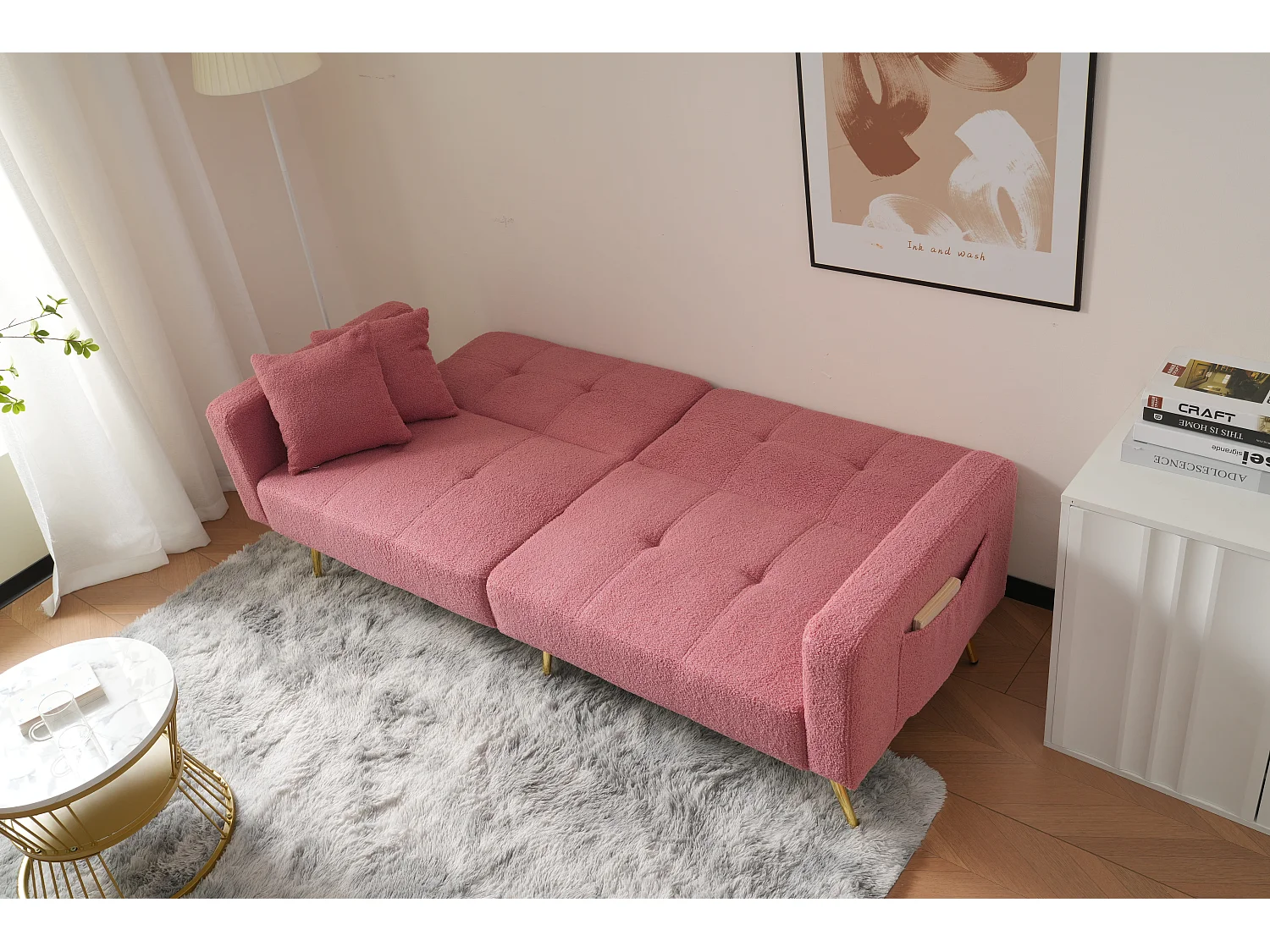 Sofa rozkładana 2-osobowa z tkaniny Sherpa - 175 x 64 x 72 cm - Złote metalowe nogi - Różowy