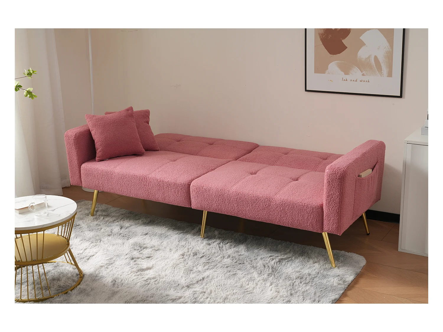 Sofa rozkładana 2-osobowa z tkaniny Sherpa - 175 x 64 x 72 cm - Złote metalowe nogi - Różowy