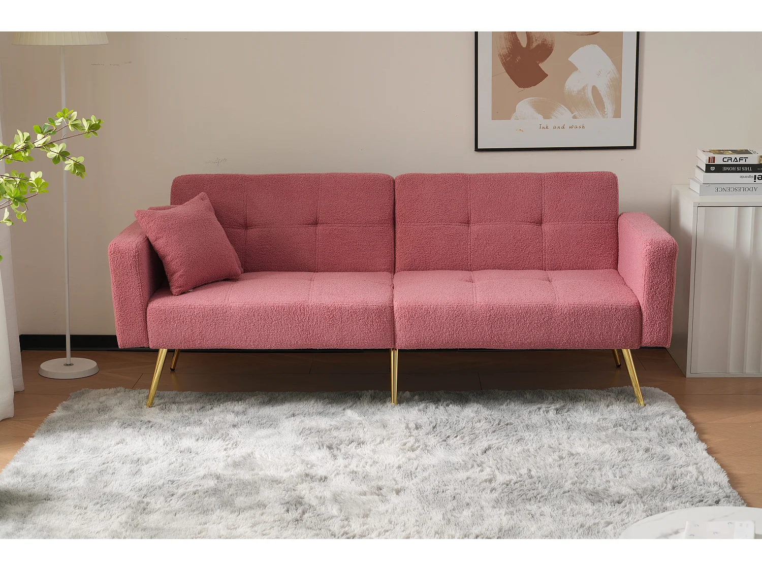 Sofa rozkładana 2-osobowa z tkaniny Sherpa - 175 x 64 x 72 cm - Złote metalowe nogi - Różowy