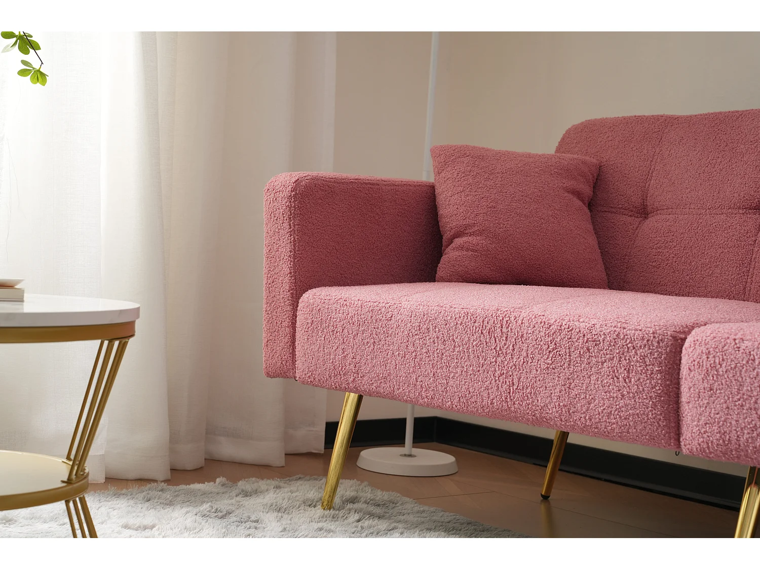 Sofa rozkładana 2-osobowa z tkaniny Sherpa - 175 x 64 x 72 cm - Złote metalowe nogi - Różowy