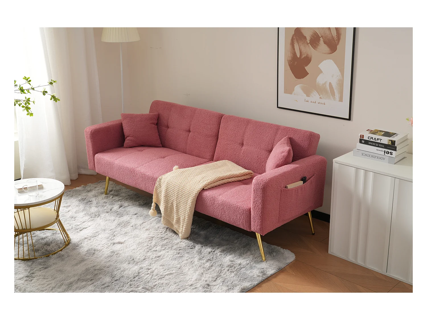 2-Sitzer-Schlafsofa aus Sherpa-Stoff – 175 x 64 x 72 cm – Beine aus goldfarbenem Metall – Rosa