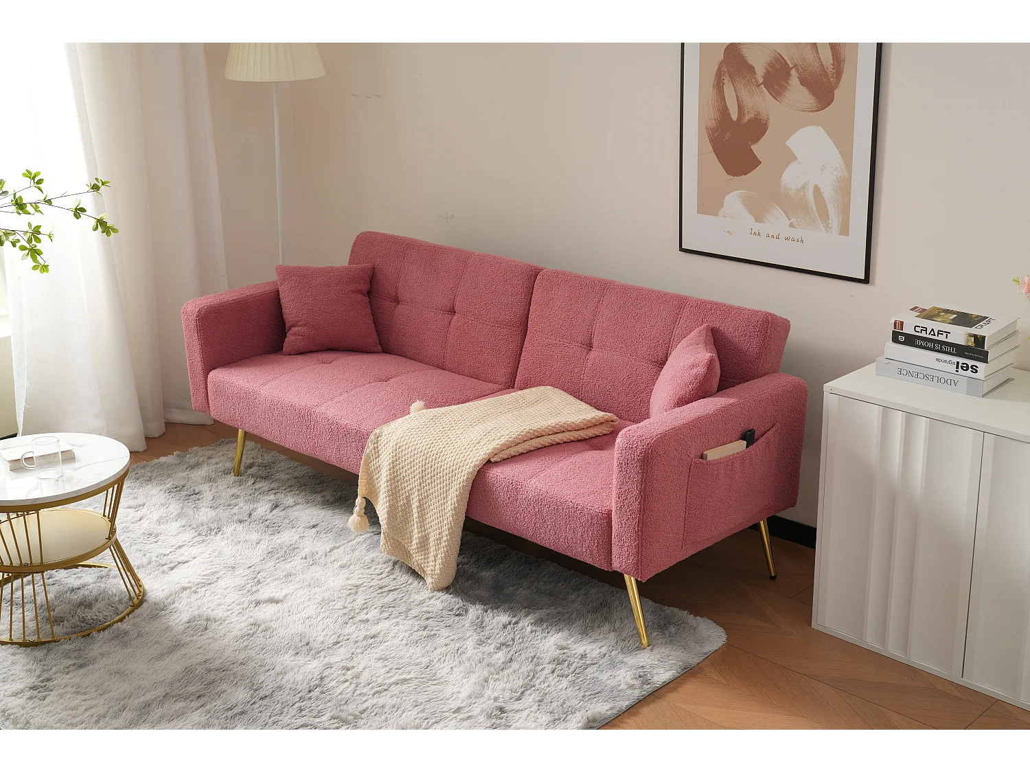 Divano letto trasformabile a 2 posti in tessuto Sherpa - 175 x 64 x 72 cm - Gambe in metallo dorato - Rosa