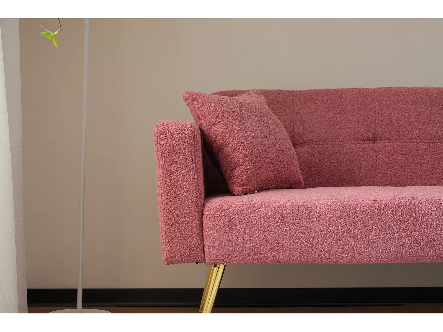 Divano letto trasformabile a 2 posti in tessuto Sherpa - 175 x 64 x 72 cm - Gambe in metallo dorato - Rosa