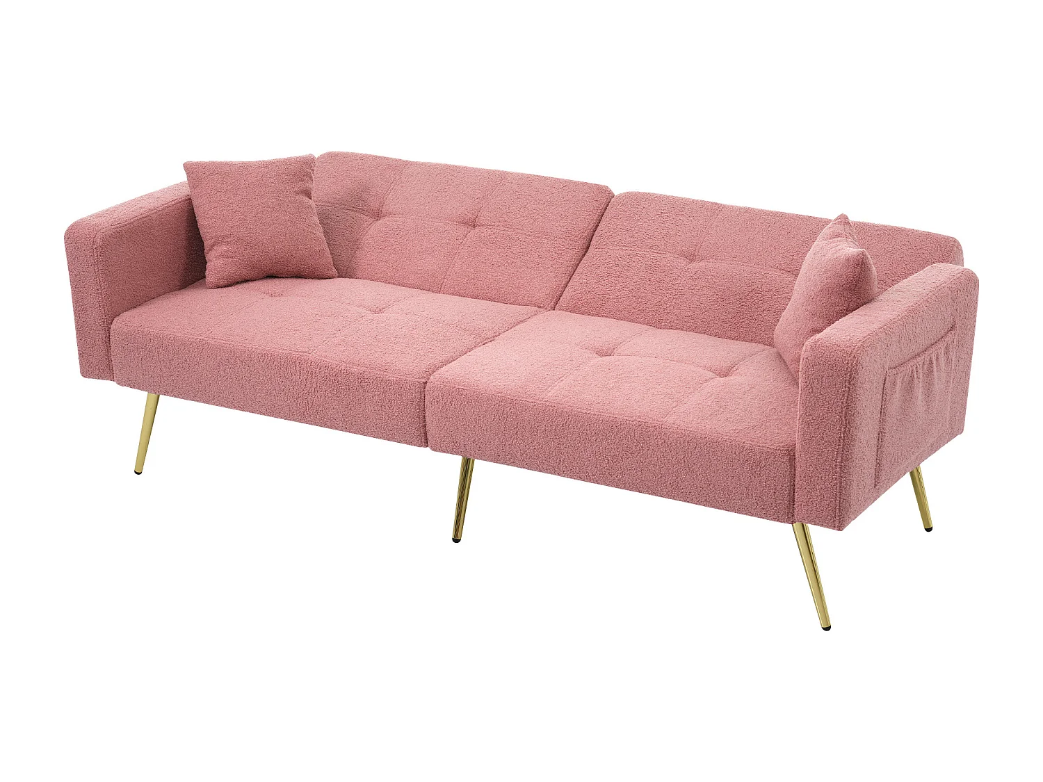 Divano letto trasformabile a 2 posti in tessuto Sherpa - 175 x 64 x 72 cm - Gambe in metallo dorato - Rosa