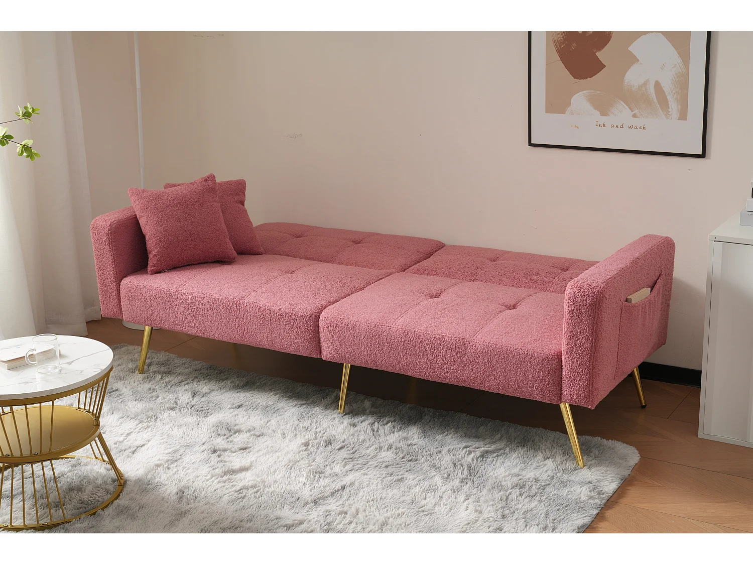 Divano letto trasformabile a 2 posti in tessuto Sherpa - 175 x 64 x 72 cm - Gambe in metallo dorato - Rosa