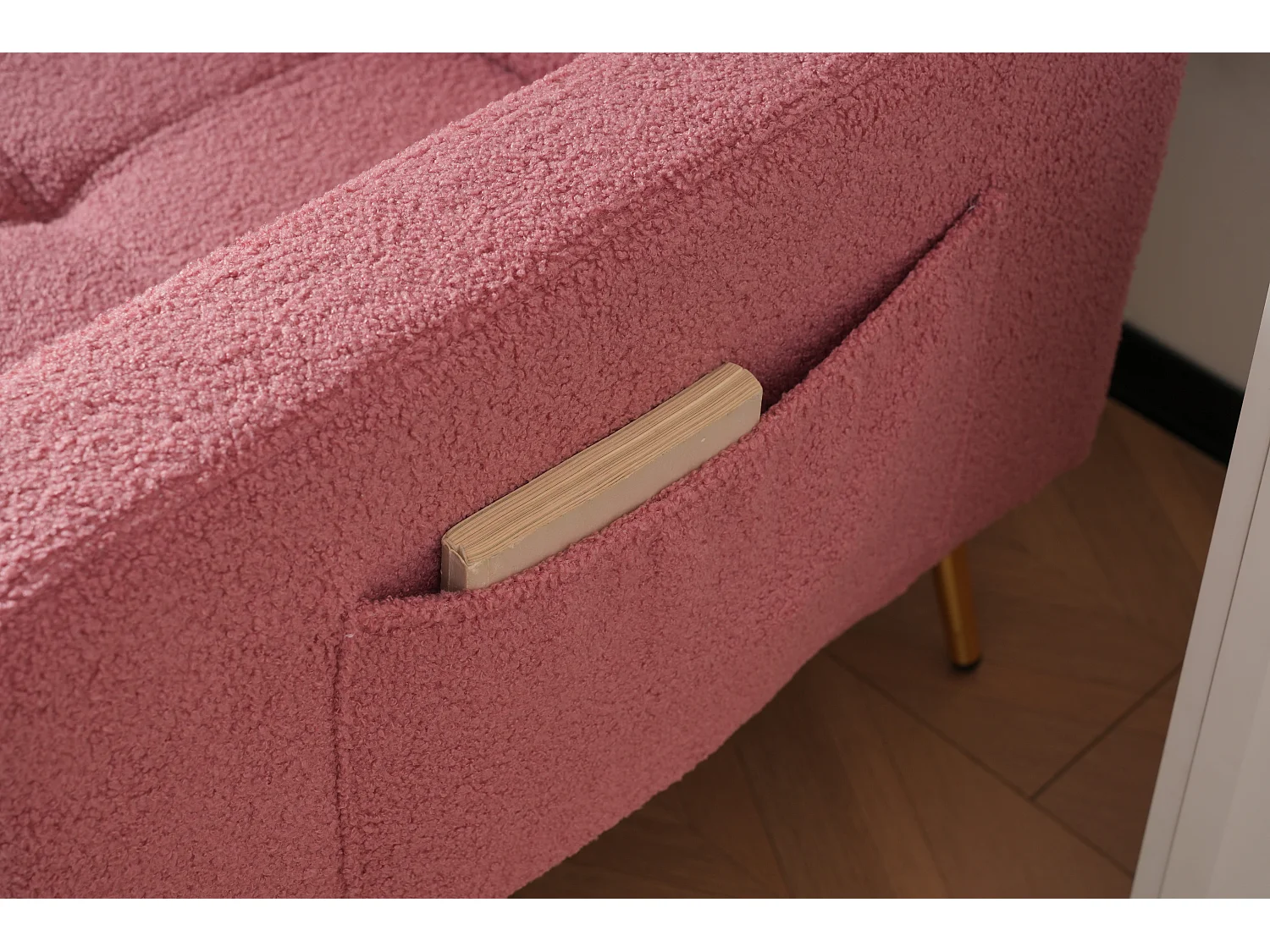 Divano letto trasformabile a 2 posti in tessuto Sherpa - 175 x 64 x 72 cm - Gambe in metallo dorato - Rosa