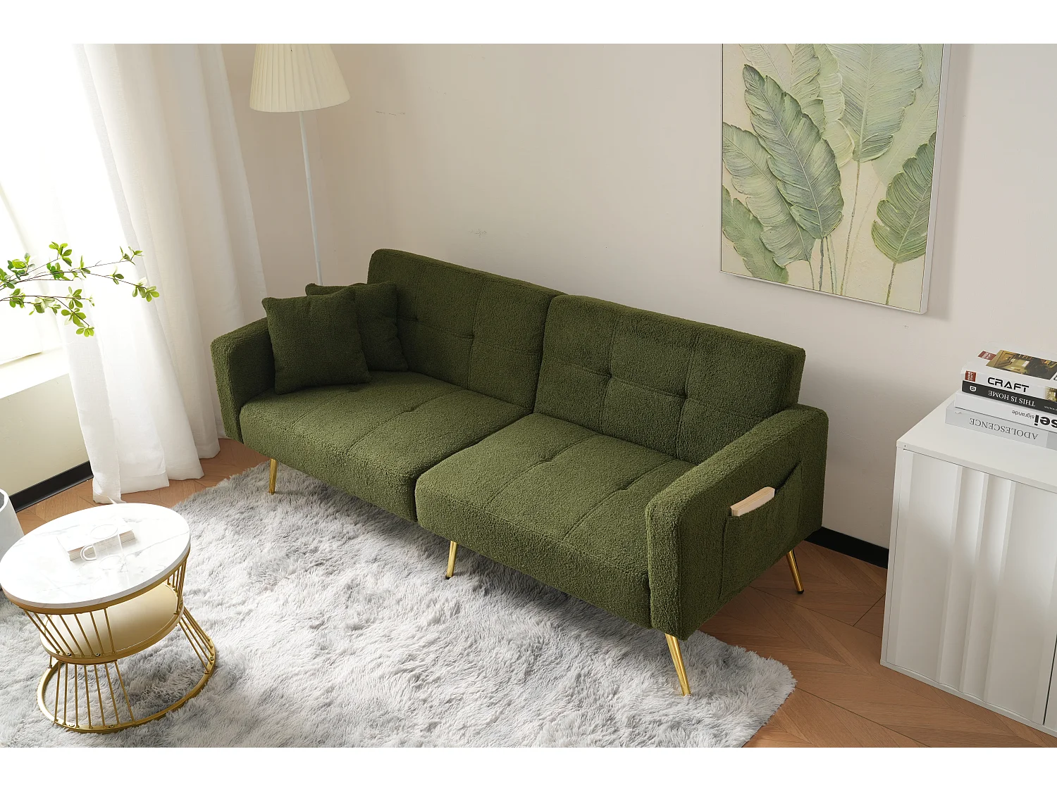 2-Sitzer-Schlafsofa aus Sherpa-Stoff – 175 x 64 x 72 cm – goldene Metallbeine – grün