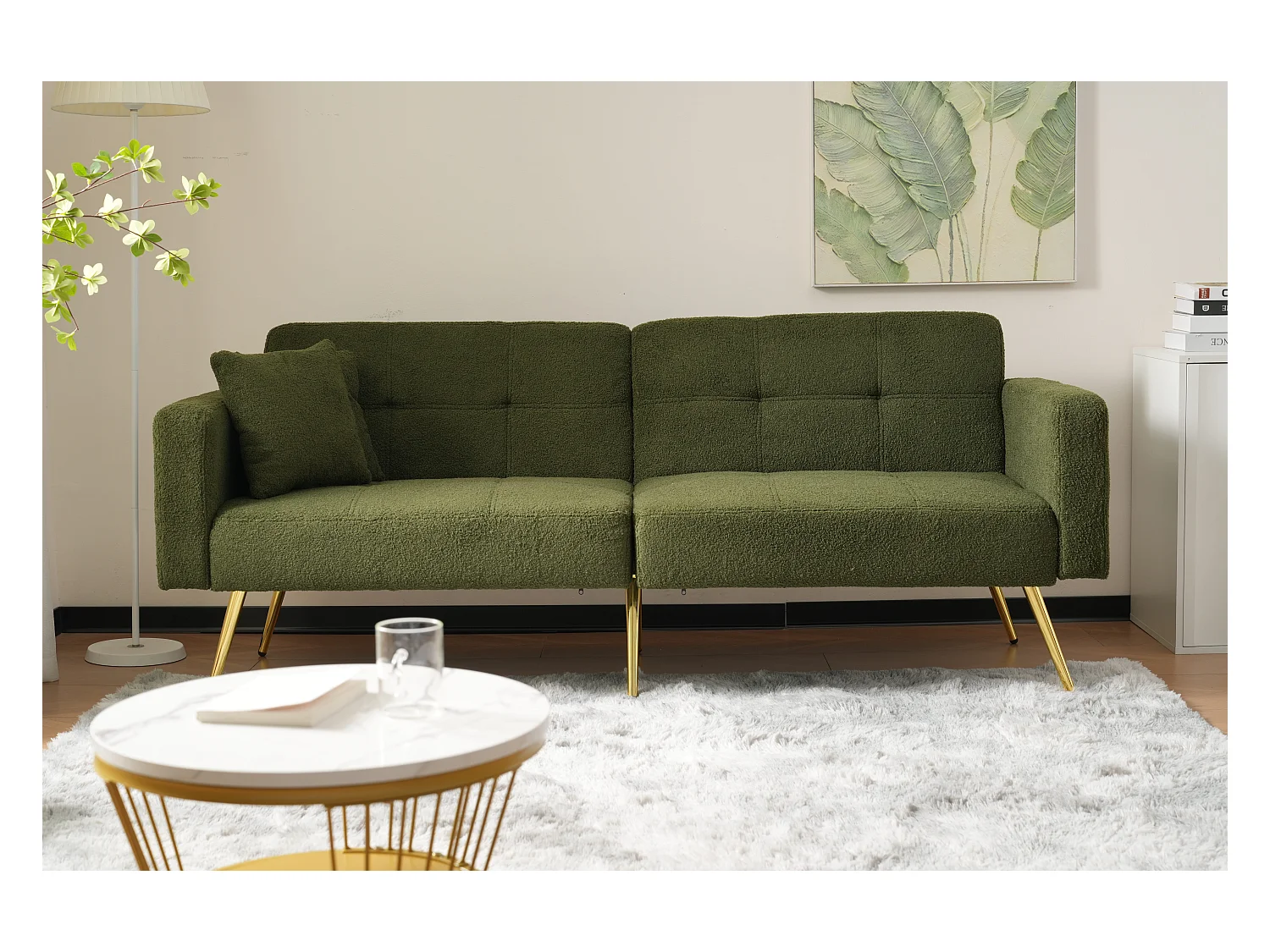 2-Sitzer-Schlafsofa aus Sherpa-Stoff – 175 x 64 x 72 cm – goldene Metallbeine – grün