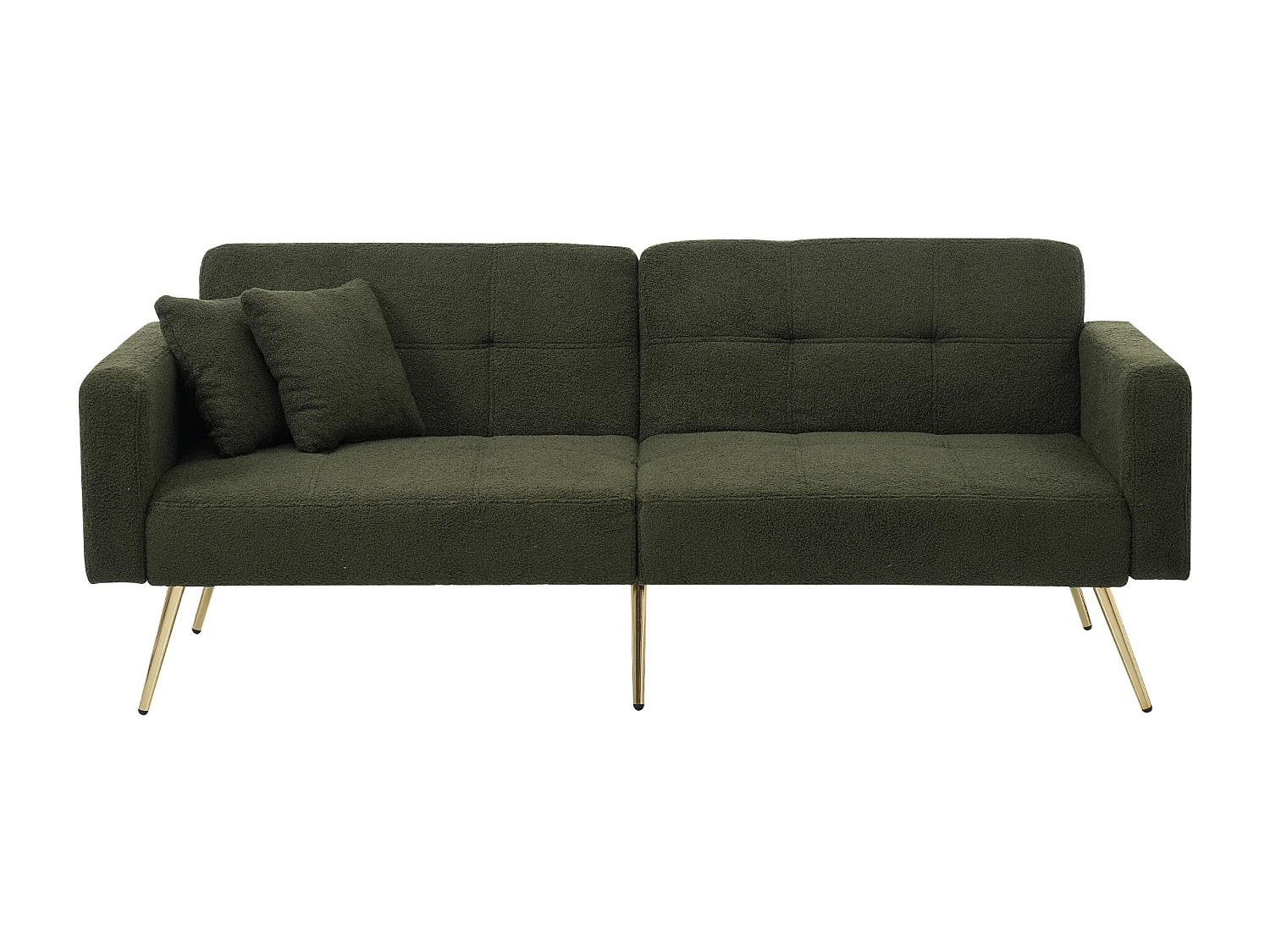 Sofa rozkładana 2-osobowa z funkcją spania w tkaninie Sherpa - 175 x 64 x 72 cm - Złote metalowe nogi - Zielony