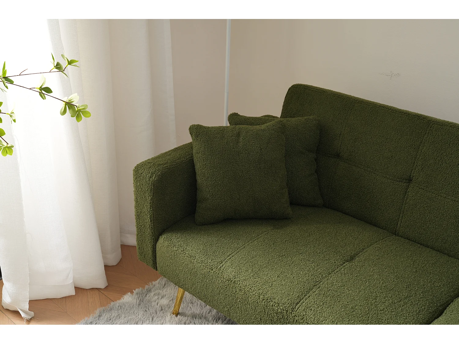 Sofa rozkładana 2-osobowa z funkcją spania w tkaninie Sherpa - 175 x 64 x 72 cm - Złote metalowe nogi - Zielony