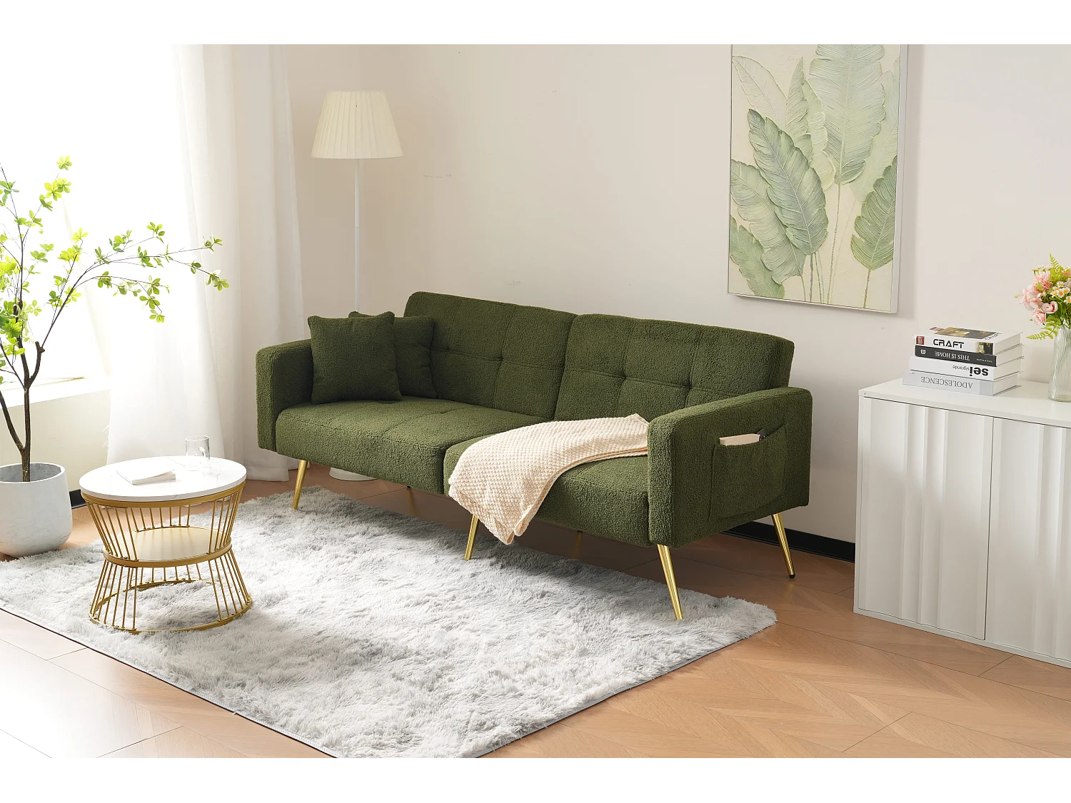 Sofa rozkładana 2-osobowa z funkcją spania w tkaninie Sherpa - 175 x 64 x 72 cm - Złote metalowe nogi - Zielony