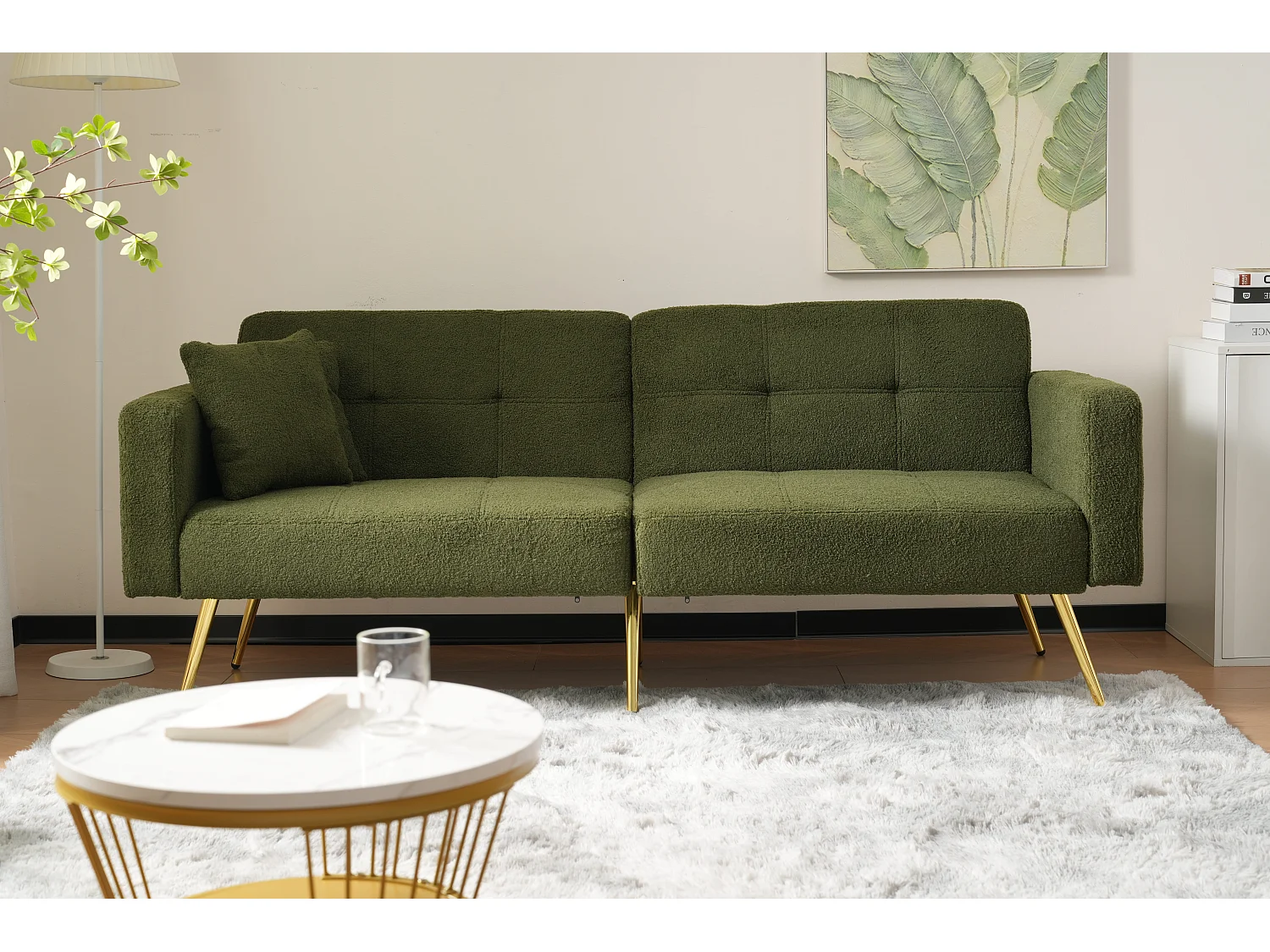 Canapé 2 places convertible clic-clac en tissu Sherpa - 175 x 64 x 72 cm - Pieds en métal dorés - Vert