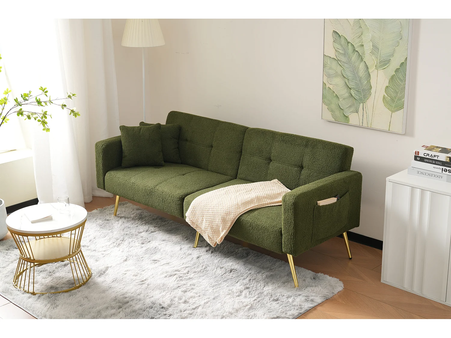 Canapé 2 places convertible clic-clac en tissu Sherpa - 175 x 64 x 72 cm - Pieds en métal dorés - Vert