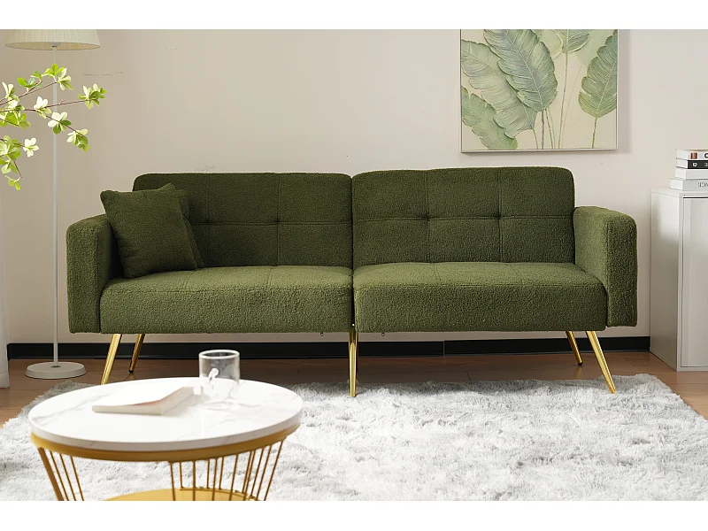 2-zits slaapbank in Sherpa-stof - 175 x 64 x 72 cm - Goudkleurige metalen poten - Groen