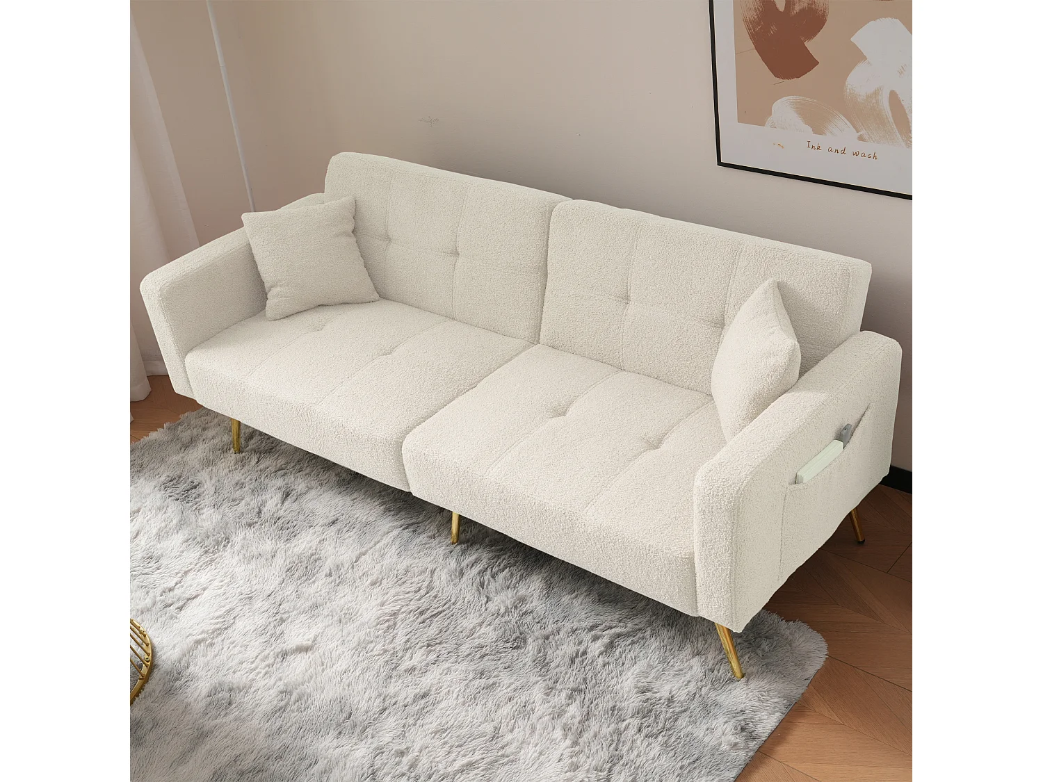 2-zits slaapbank in Sherpa-stof - 175 x 64 x 72 cm - Goudkleurige metalen poten - Wit