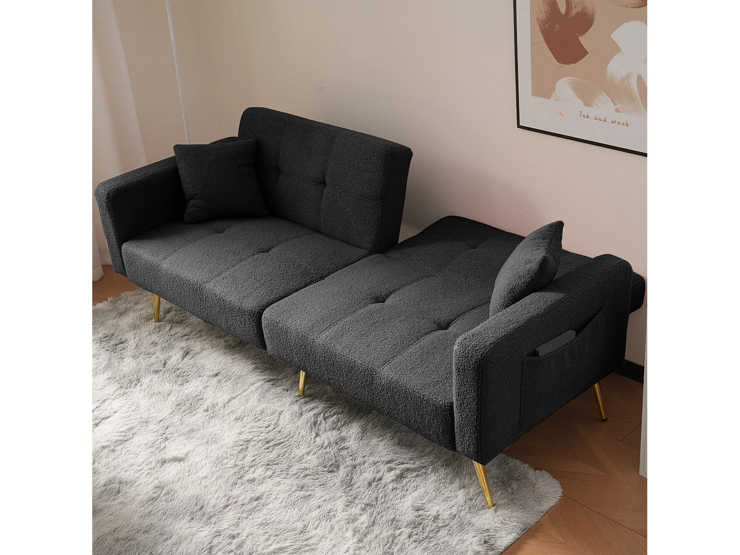 Sofa rozkładana 2-osobowa z funkcją spania w tkaninie Sherpa - 175 x 64 x 72 cm - Złote metalowe nogi - Szara