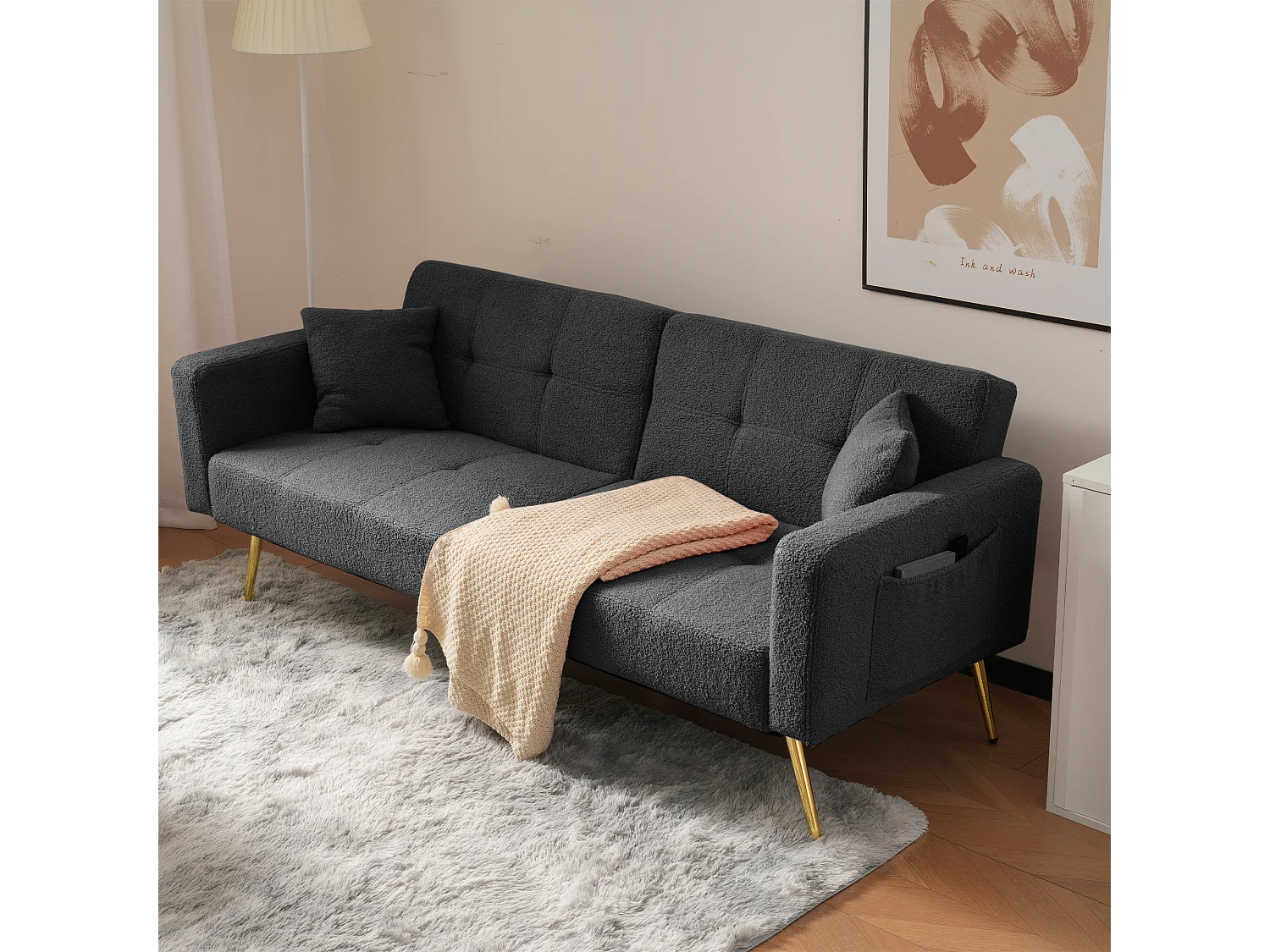 Sofa rozkładana 2-osobowa z funkcją spania w tkaninie Sherpa - 175 x 64 x 72 cm - Złote metalowe nogi - Szara