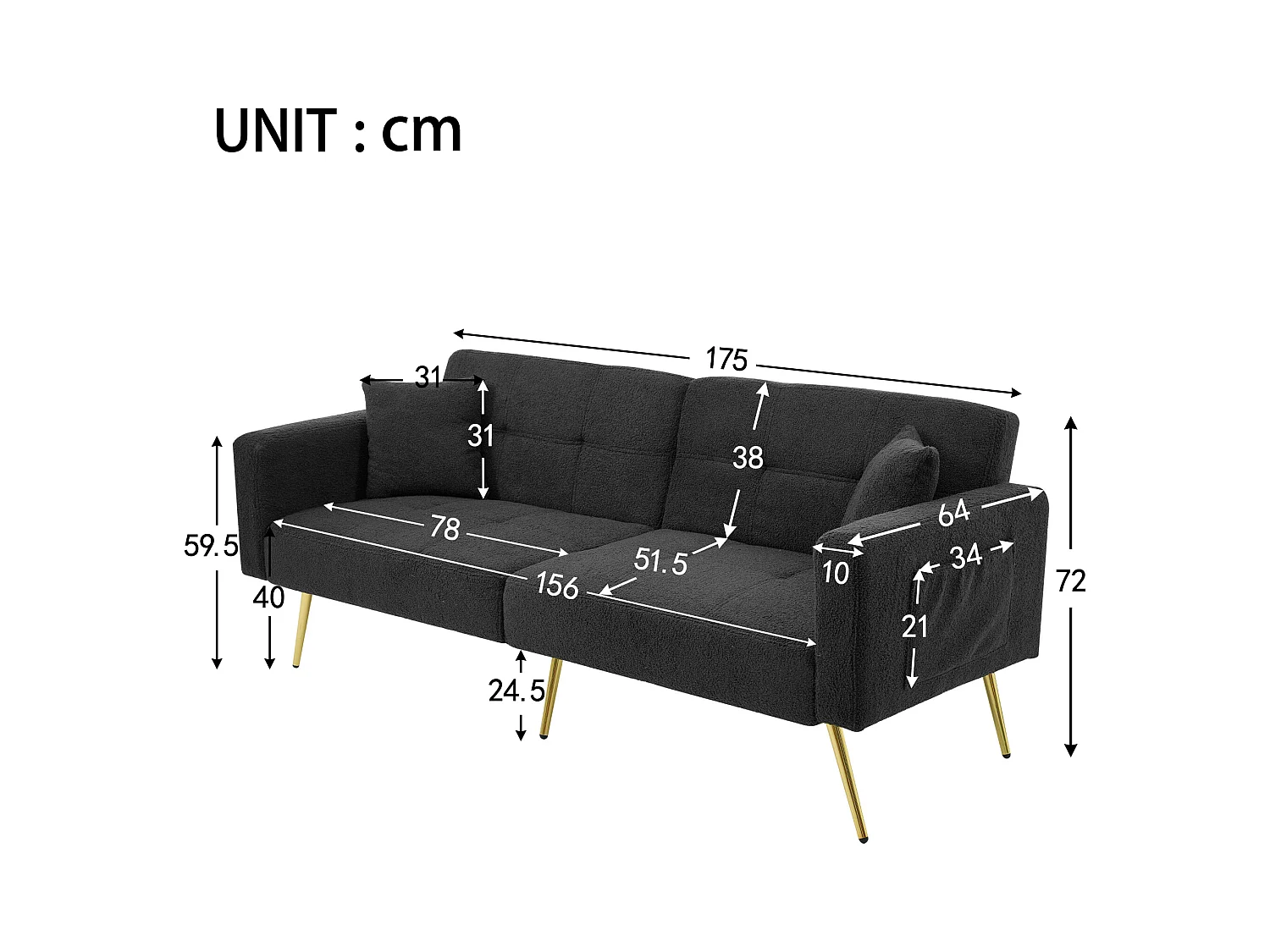 Sofa rozkładana 2-osobowa z funkcją spania w tkaninie Sherpa - 175 x 64 x 72 cm - Złote metalowe nogi - Szara