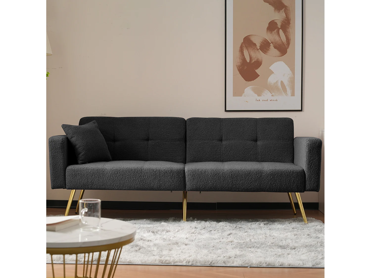 Canapé 2 places convertible clic-clac en tissu Sherpa - 175 x 64 x 72 cm - Pieds en métal dorés - Gris