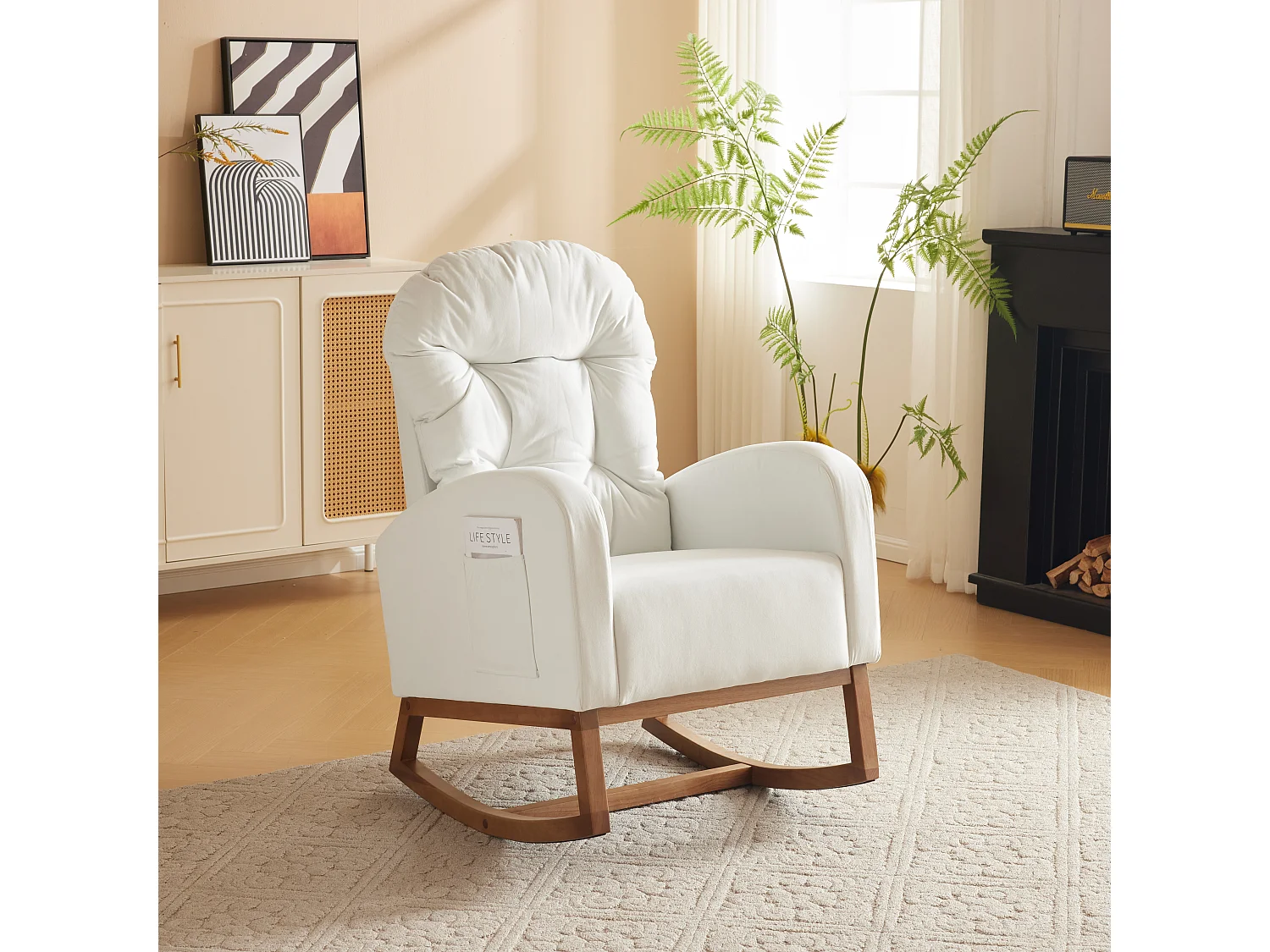 Fauteuil à bascule en tissu flanelle avec accoudoirs et poche latérale - Pieds en bois massif - Blanc