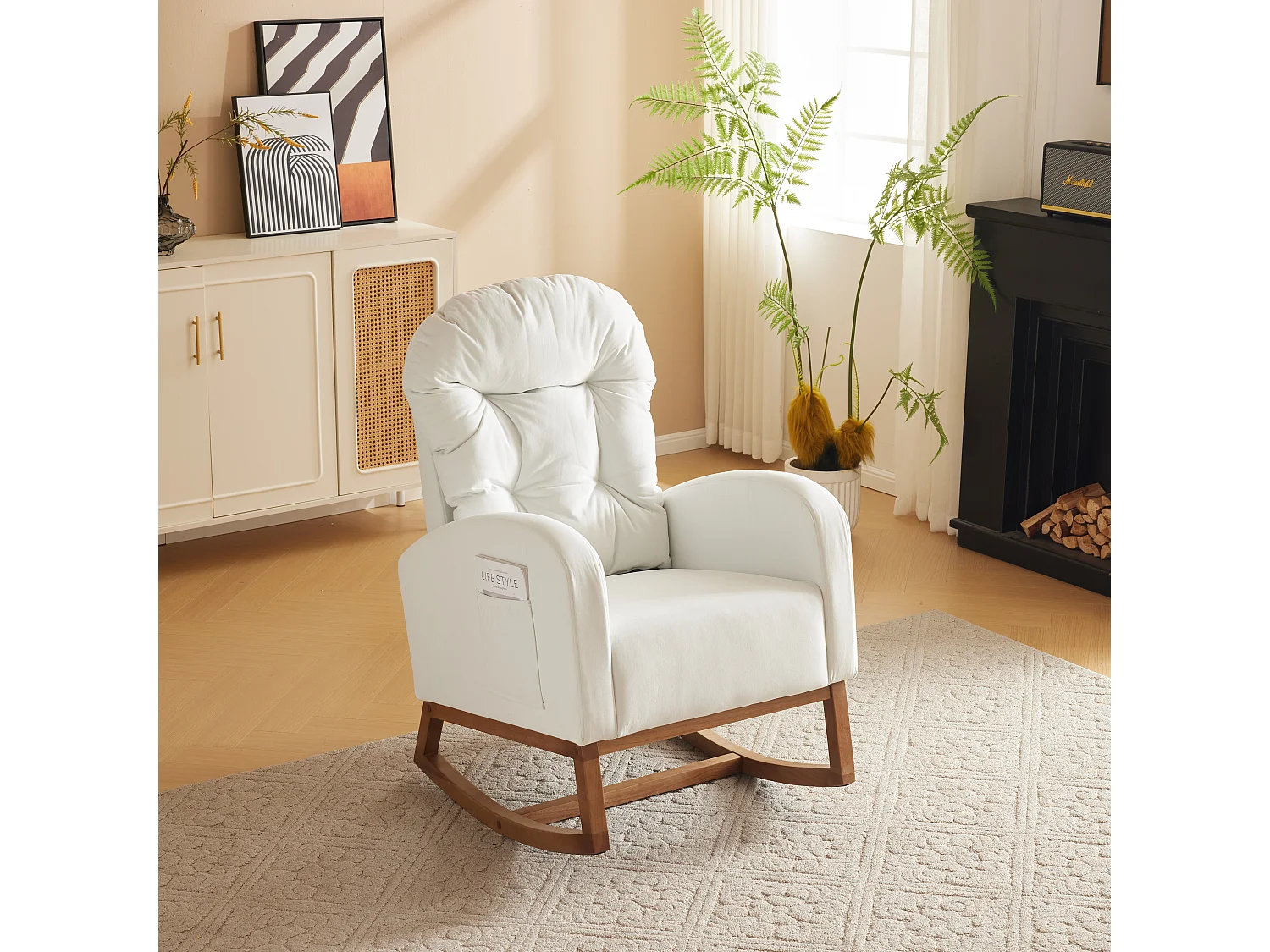 Fauteuil à bascule en tissu flanelle avec accoudoirs et poche latérale - Pieds en bois massif - Blanc