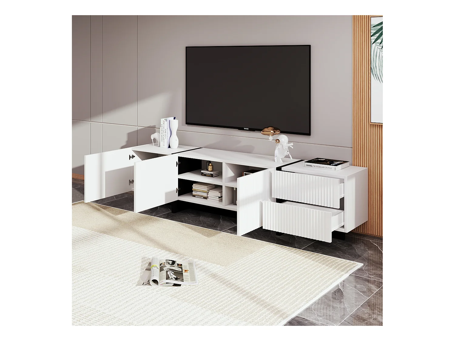 Meuble TV avec 2 tiroirs et 3 portes - 190 x 35 x 45 cm - Bois MDF et panneau de particules - Blanc + noir