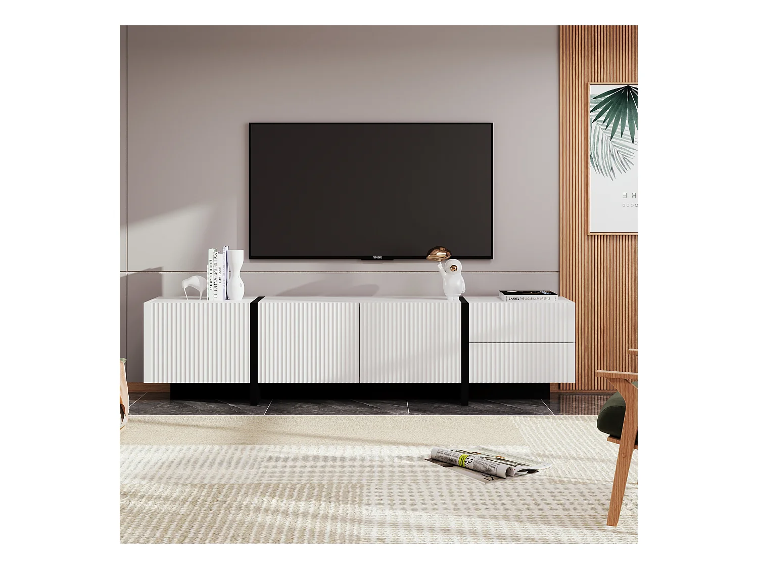 Meuble TV avec 2 tiroirs et 3 portes - 190 x 35 x 45 cm - Bois MDF et panneau de particules - Blanc + noir