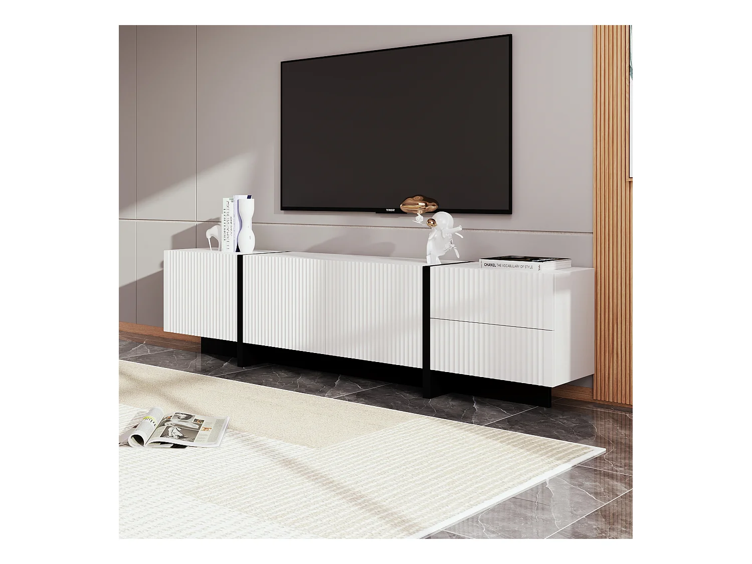 Meuble TV avec 2 tiroirs et 3 portes - 190 x 35 x 45 cm - Bois MDF et panneau de particules - Blanc + noir