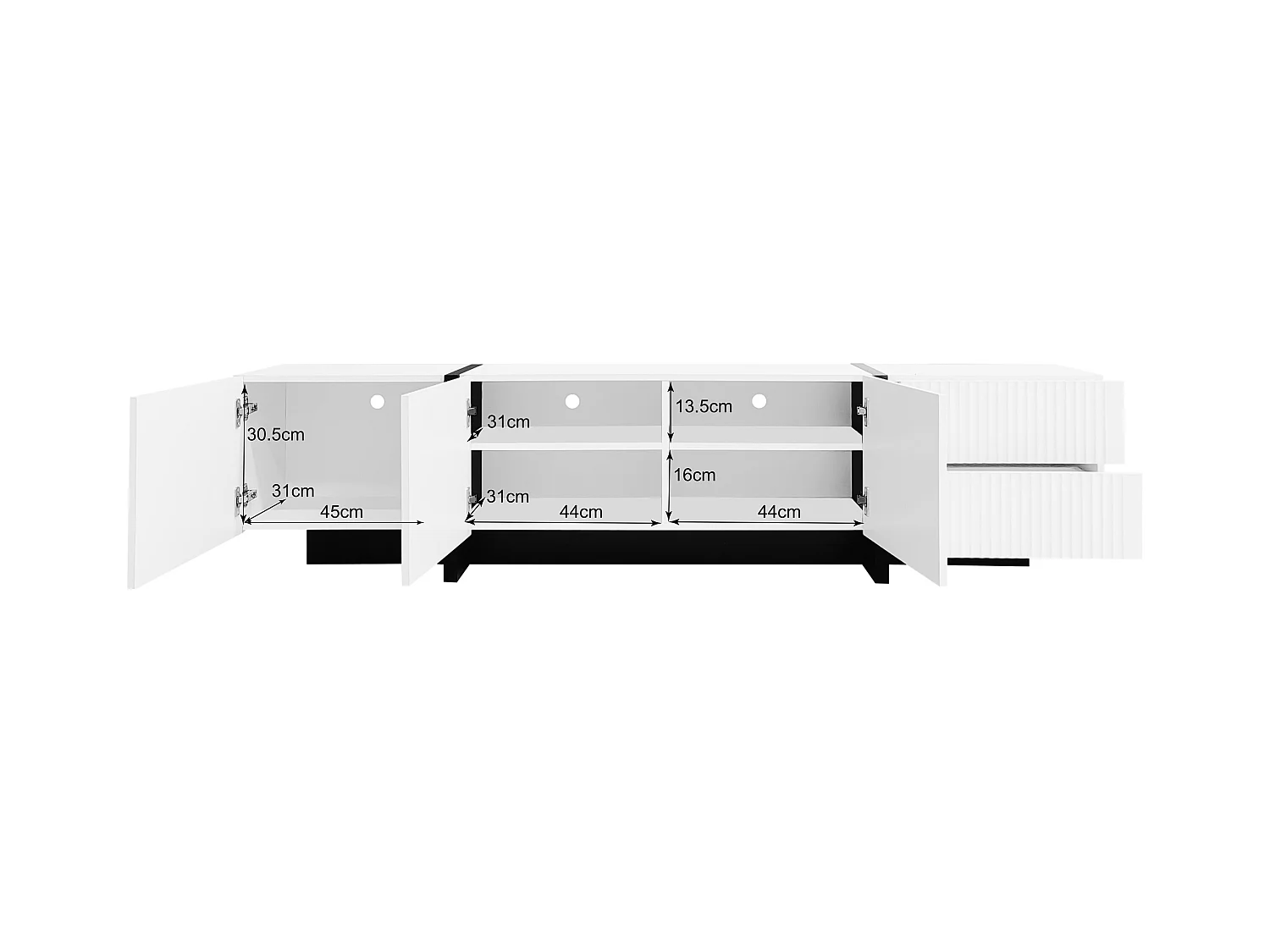 Meuble TV avec 2 tiroirs et 3 portes - 190 x 35 x 45 cm - Bois MDF et panneau de particules - Blanc + noir