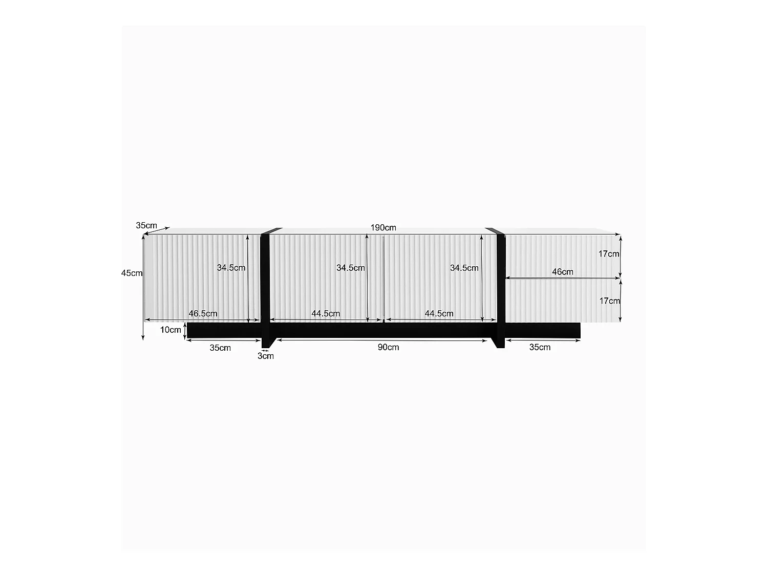 Meuble TV avec 2 tiroirs et 3 portes - 190 x 35 x 45 cm - Bois MDF et panneau de particules - Blanc + noir